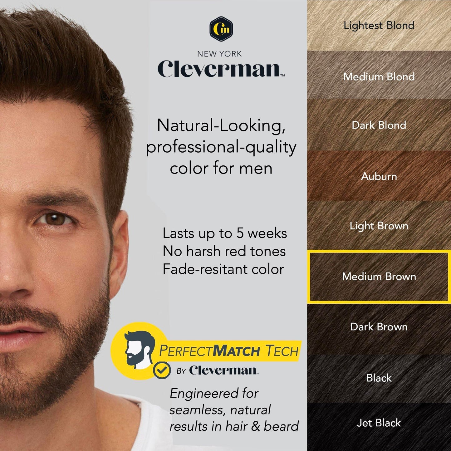 Light Gray 2X Reusable Hair & Beard Dye for Men – Medium Brown | Up to 10 Uses, 7 Minutes | Natural Gray Coverage, No-Drip Cream with SkinArmour® – Cleverman