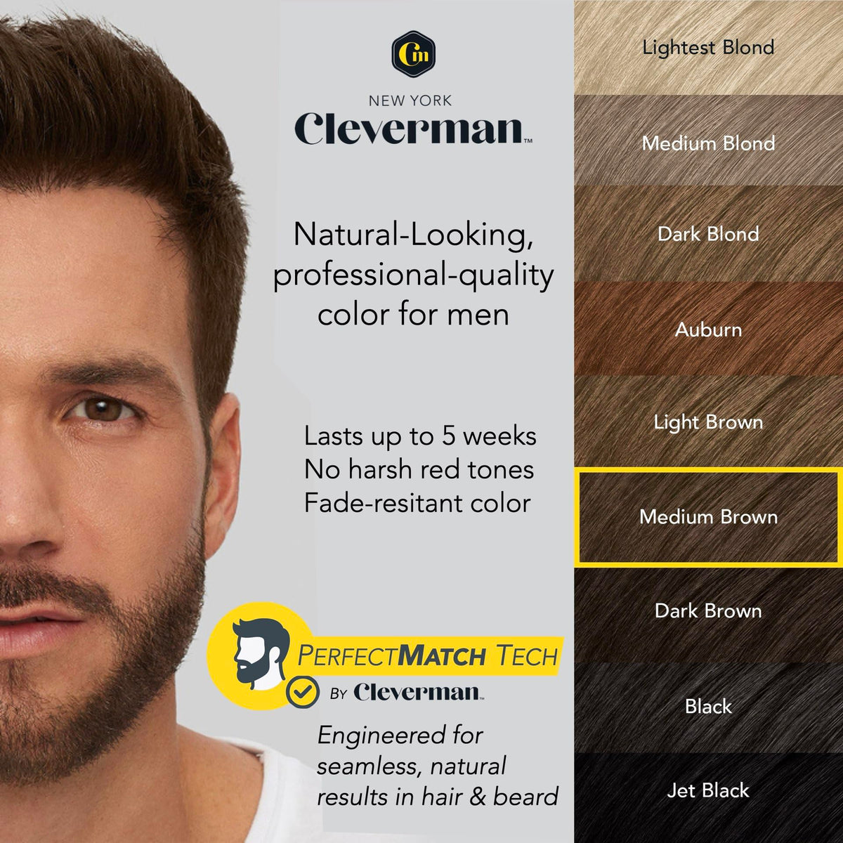 Light Gray Cleverman Hair & Beard Dye for Men, Medium Brown 5.1, Gray Coverage