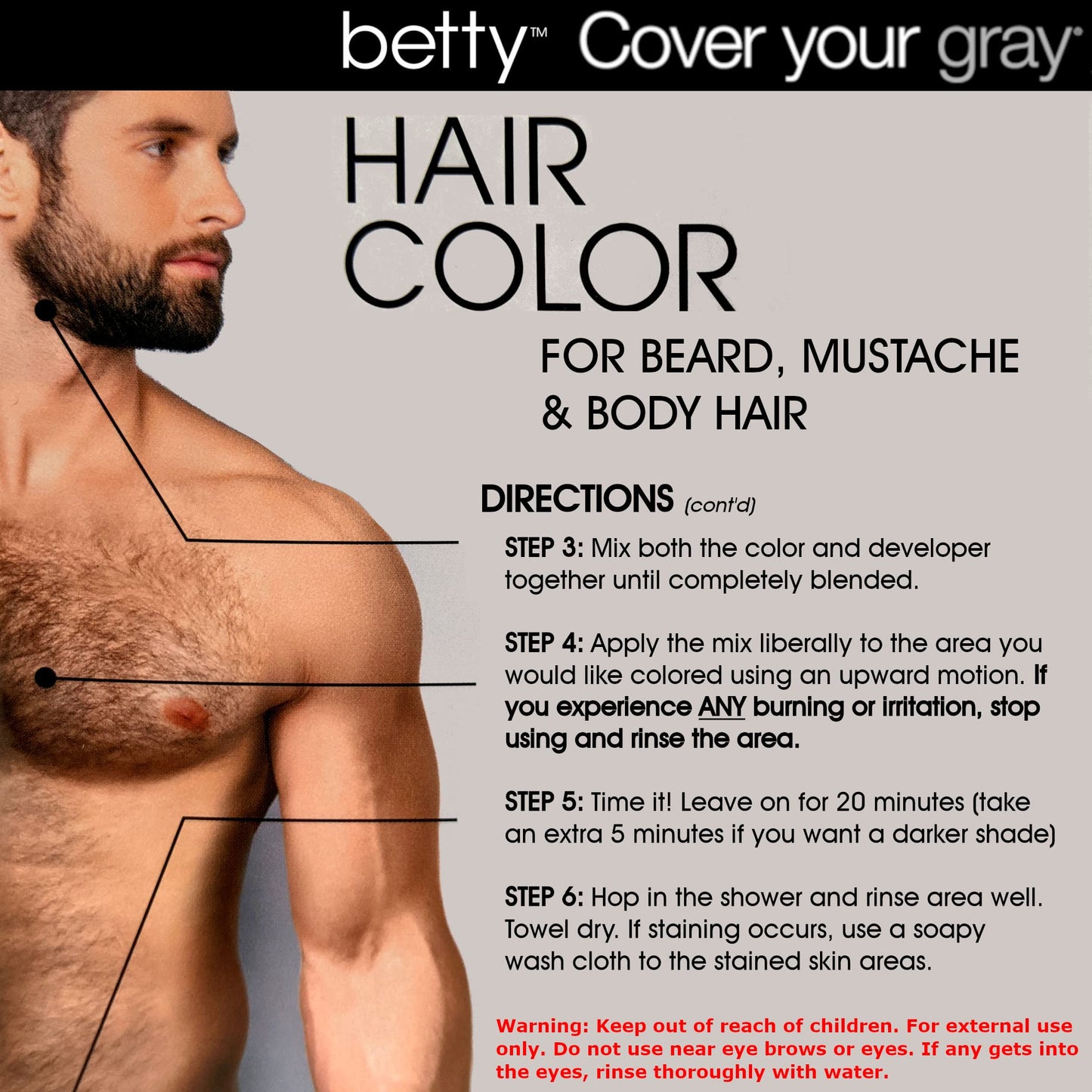 Light Gray Betty Cover Your Gray Mens Hair Color for Beard, Mustache & Body Hair - Brown