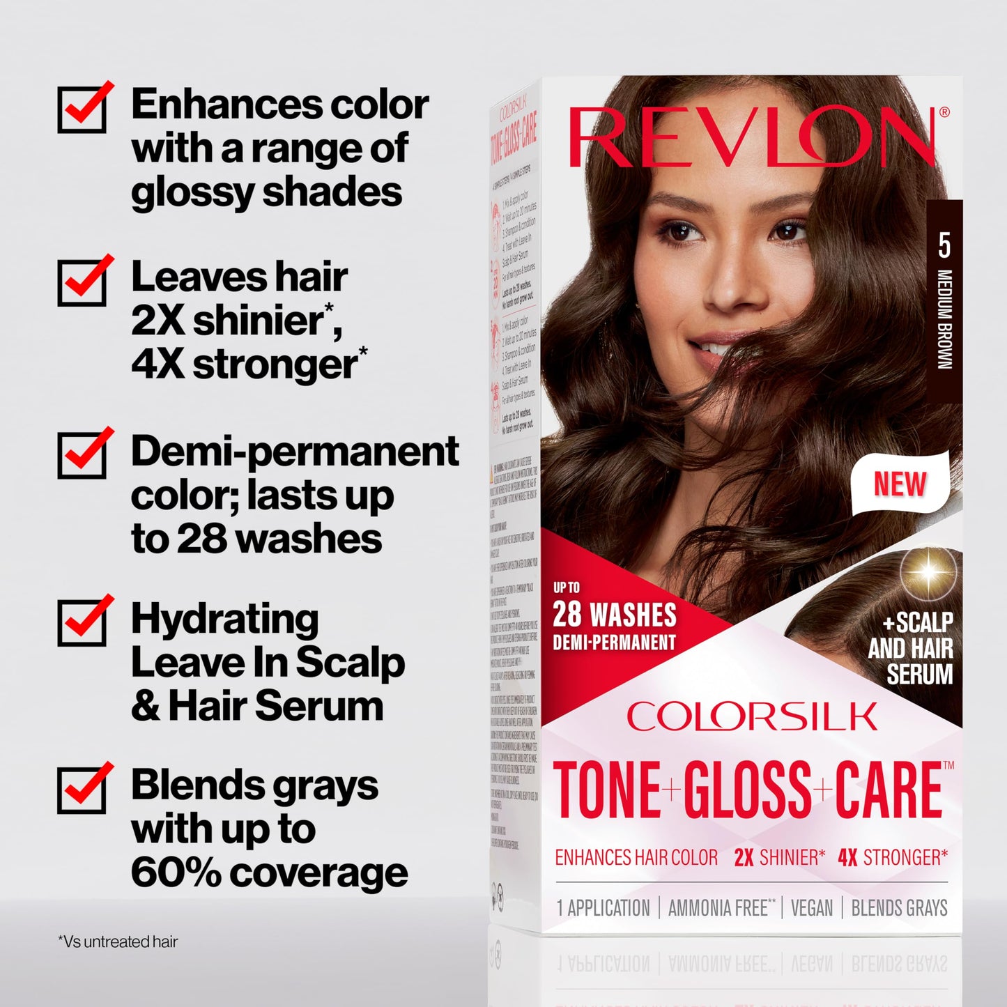 Lavender Revlon ColorSilk Tone + Gloss + Care Demi Permanent Hair Color, Dye Kit with Leave-In Scalp and Haircare Serum, 2x Shinier, 4x Stronger, 5RR Medium Red, 4.5 fl oz