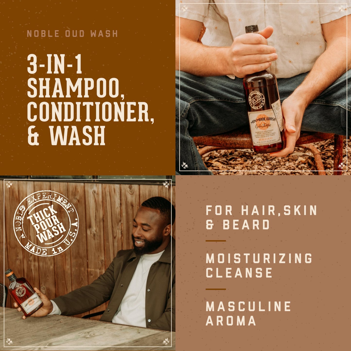 Sienna 18.21 Man Made Original Noble Oud 3-in-1 Body Wash, Shampoo, & Conditioner for Men, All Hair & Skin Types, Strengthens and Moisturizes in a Manly Aroma, 32oz