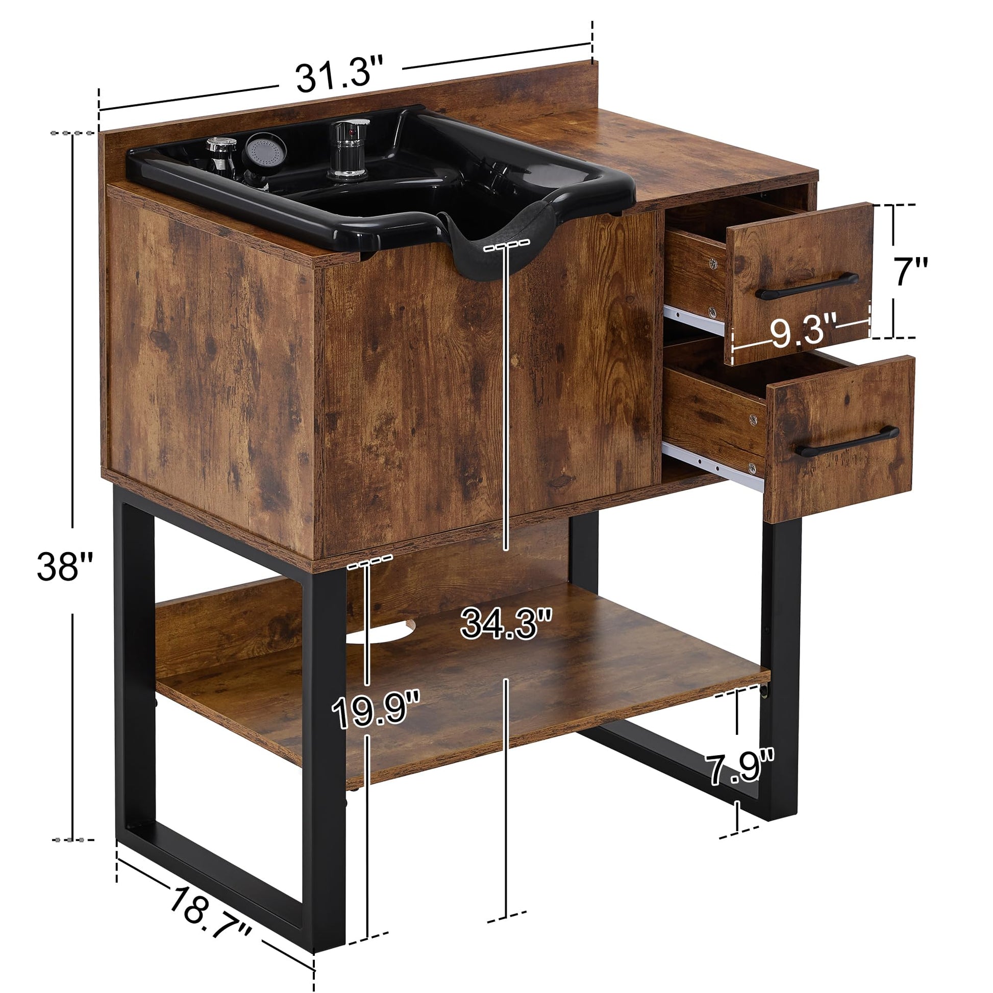 White Smoke BarberPub Shampoo Cabinet with Sink, Modern Salon Backwash Station with Bowl, Neck Rest, 2 Drawers, Storage Shelf,Hot & Cold Control 7135 (Rustic Brown)