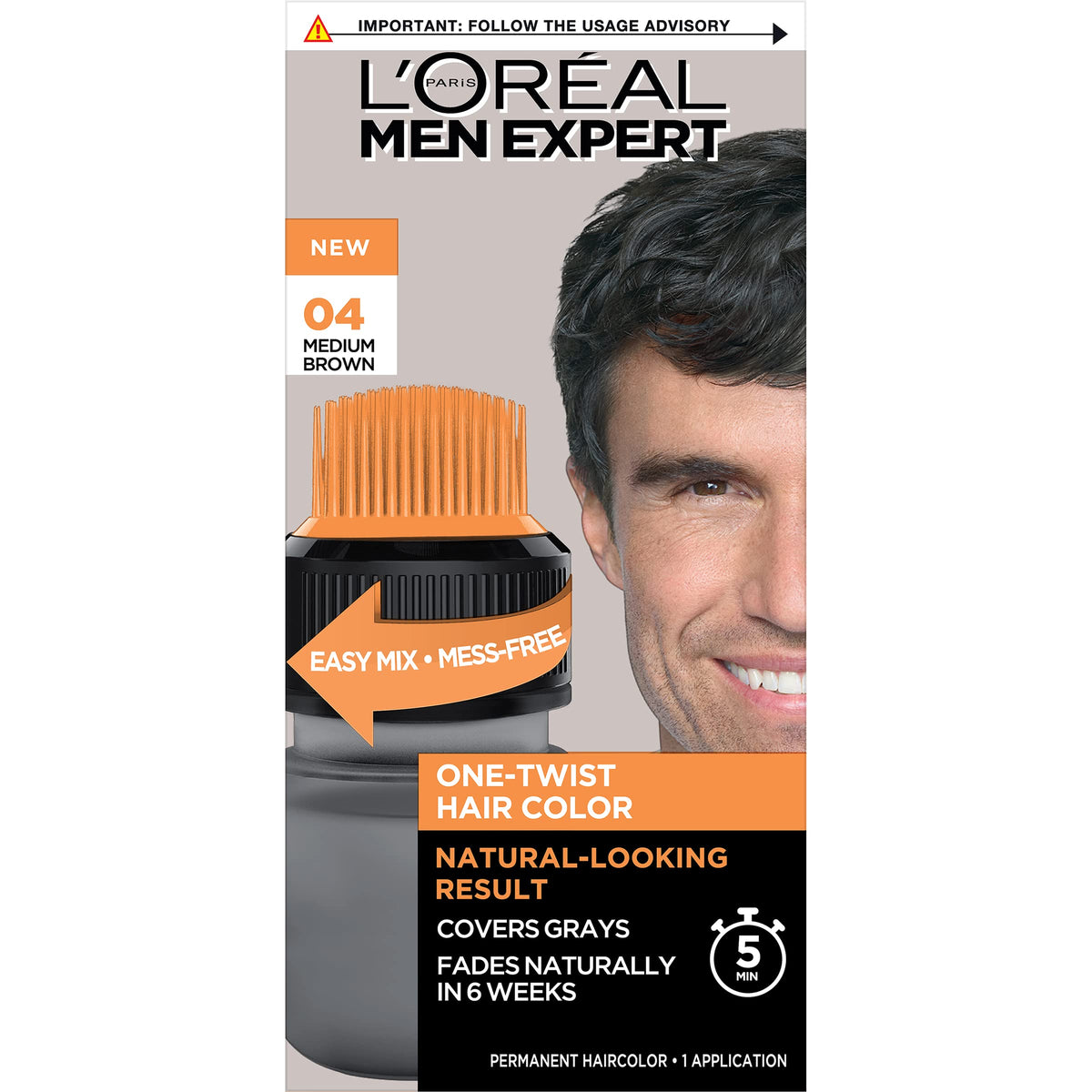 Black L’Oreal Paris Men Expert One Twist Mess Free Permanent Hair Color, Mens Hair Dye to Cover Grays, Easy Mix Ammonia Free Application, Medium Brown 04, 1 Application