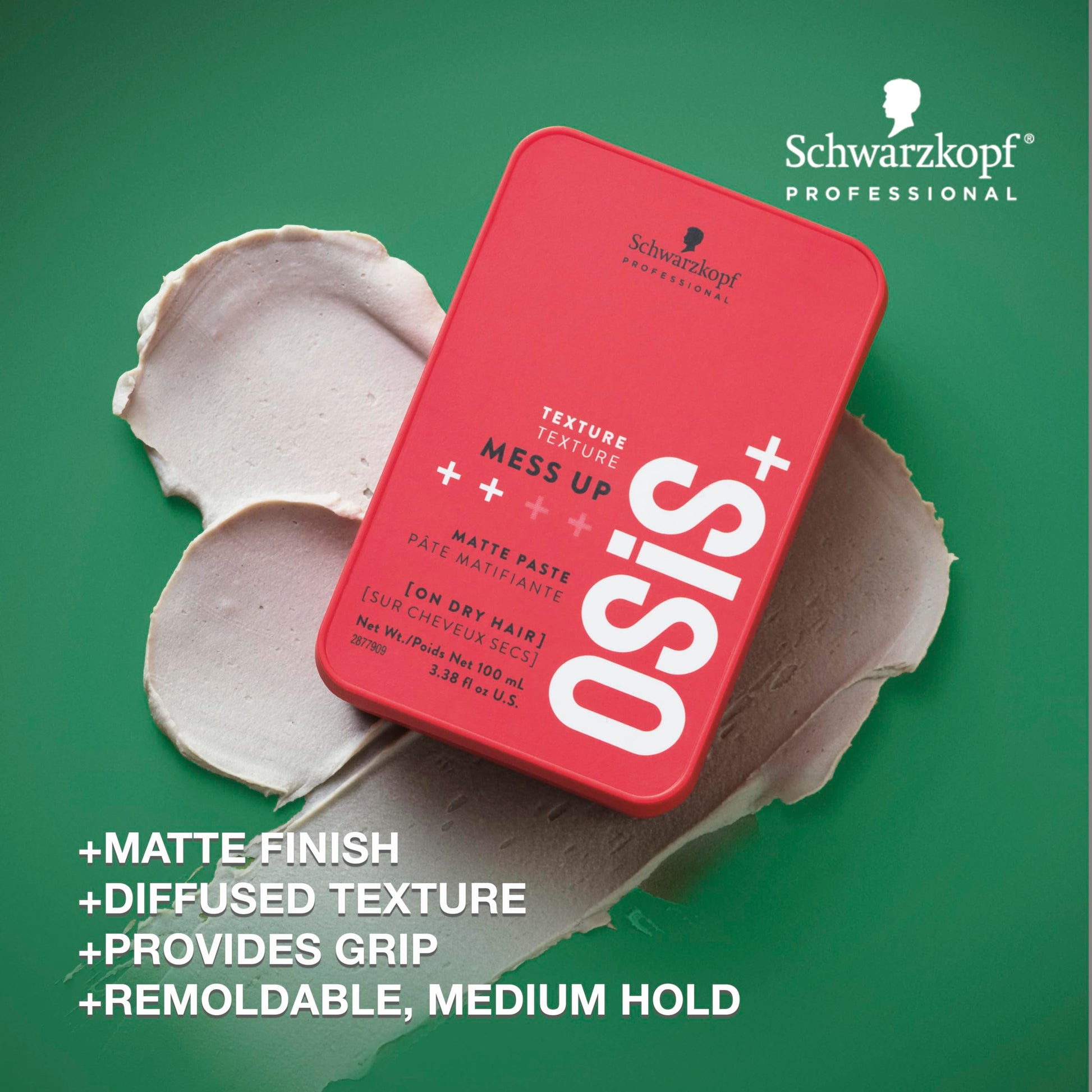 Sea Green OSiS+ Mess Up Matte Texture Paste, 3.38 oz – Medium Hold, Dry Moldable Styling Paste - Flexible & Reworkable Styling for Defined and Messy Hair Looks