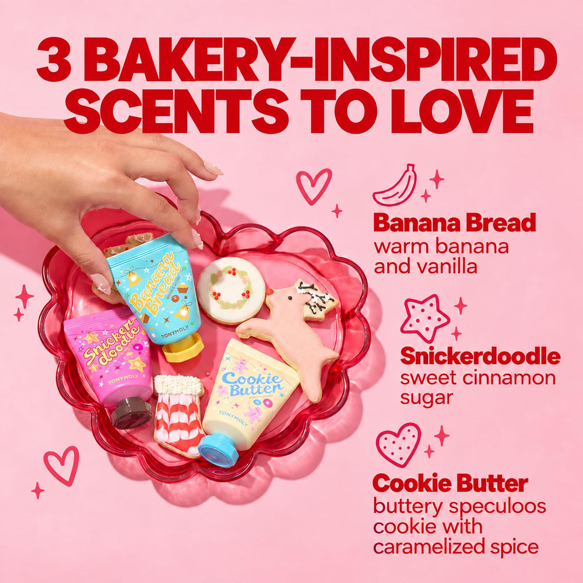 Light Pink TONYMOLY Baked With Love Hand Cream Trio, Korean Shea Butter Gift Set of 3