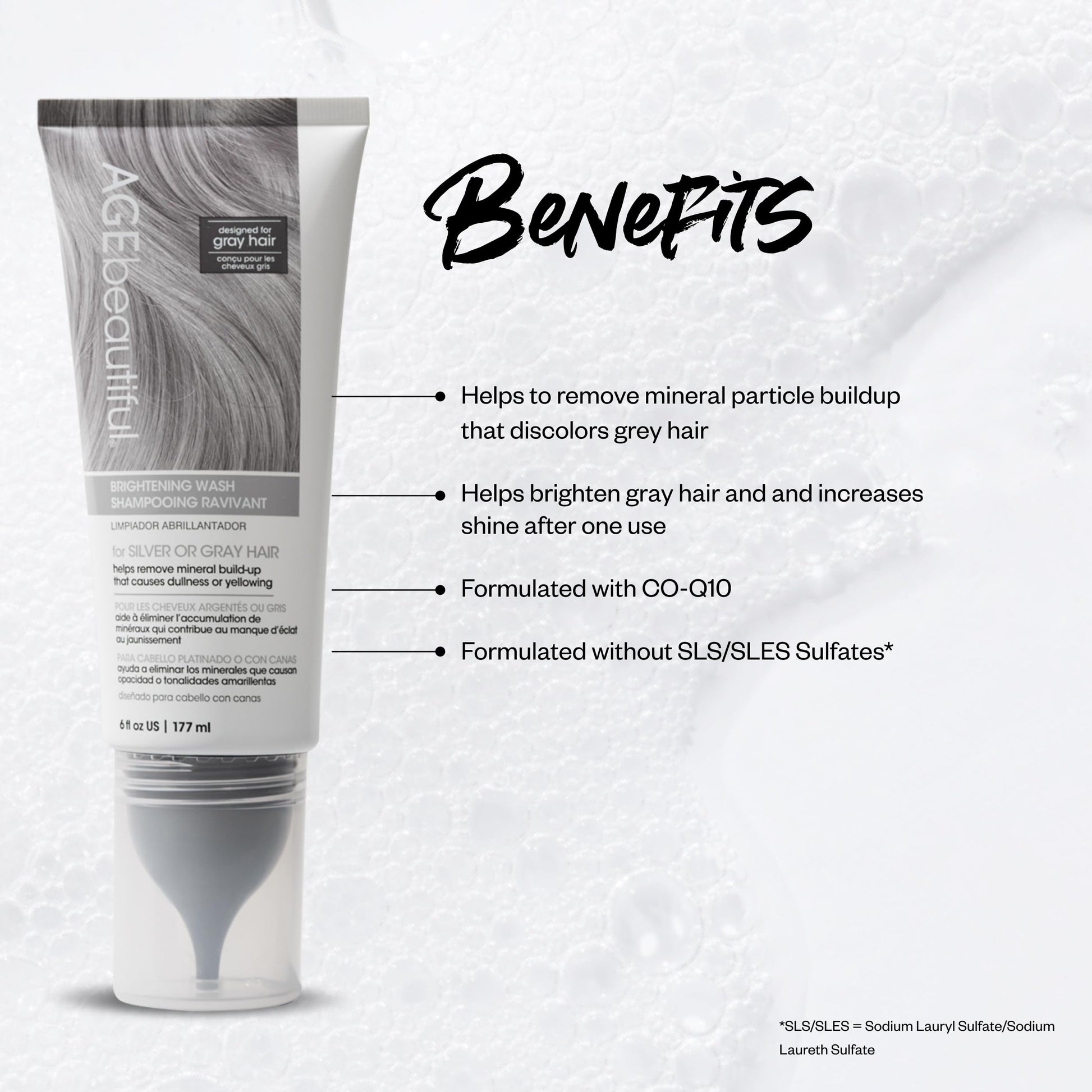 Lavender AGE beautiful Brightening Wash Shampoo for Silver or Gray Hair, With CoQ10 + Charcoal, Remove Mineral Build-up & Pollution for Bright, Shiny Hair