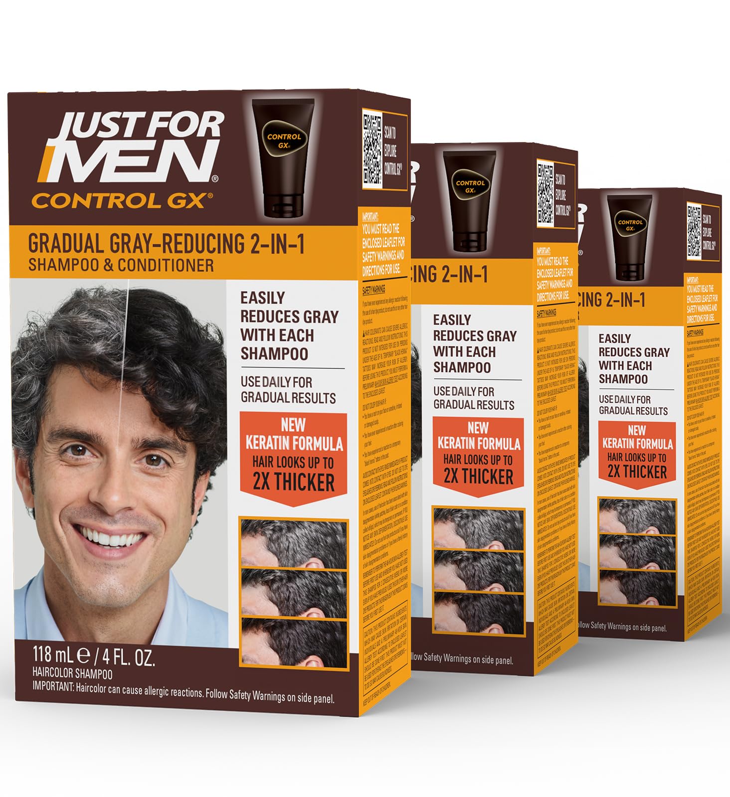 White Smoke Just for Men Control GX Grey Reducing 2-in-1 Shampoo and Conditioner, Gradual Hair Color with Keratin for Stronger Thicker and Healthier Looking Hair, 4 Fl Oz - Pack of 3 (Packaging May Vary)