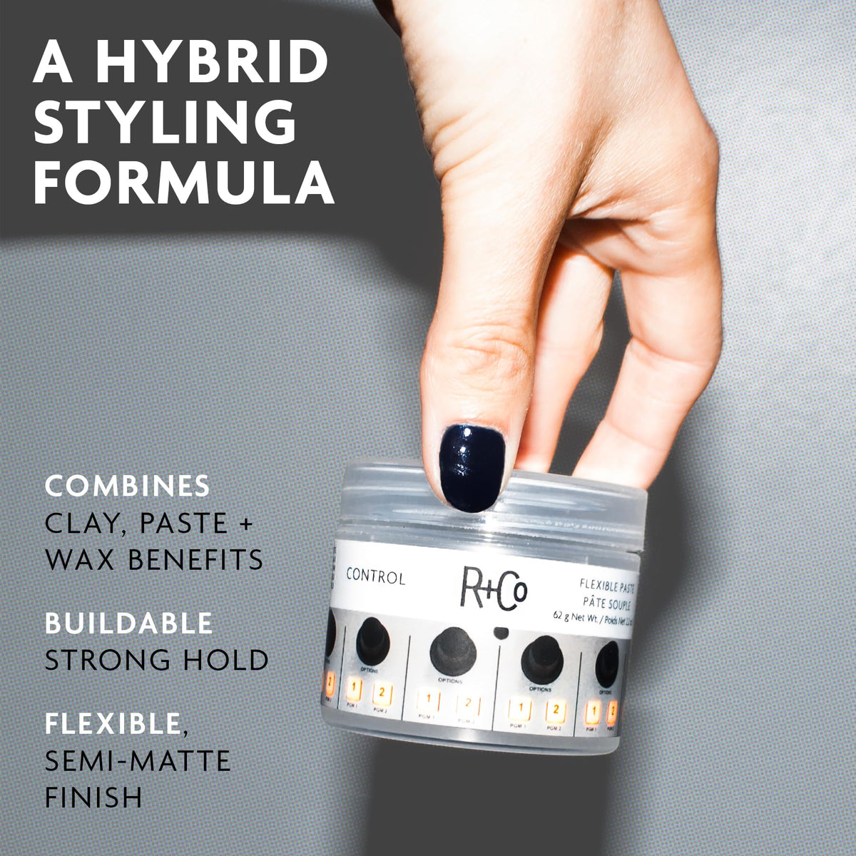 Dark Gray R+Co CONTROL Flexible Paste, 2.2 oz/62 G, Relative Paradise Scent