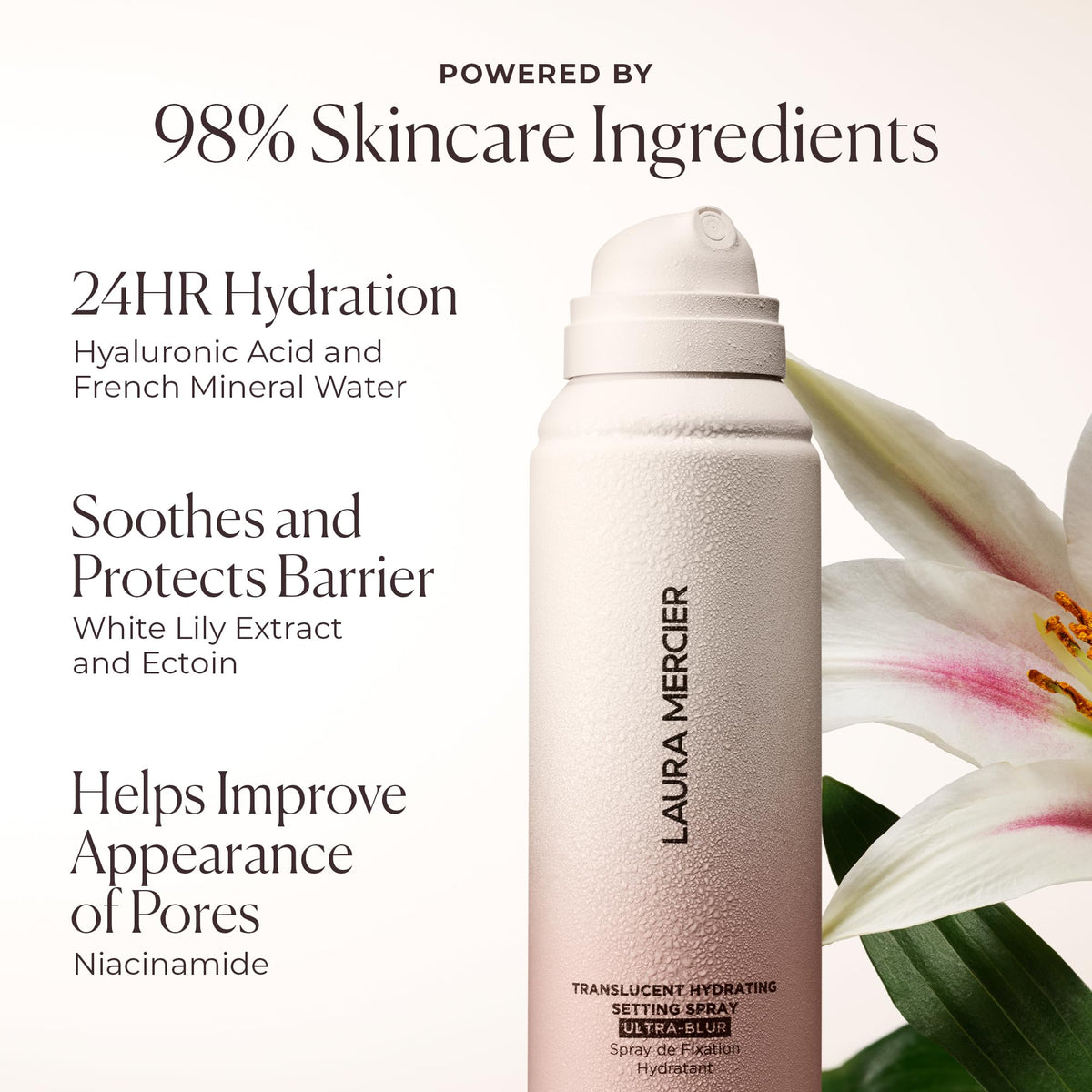 White Smoke Laura Mercier Translucent Hydrating Setting Spray Ultra-Blur, Micro-Fine Blurring Face Mist, 24HR Shine Control, Natural Finish, Smudge & Transfer-Proof, Infused with Hyaluronic Acid + Niacinamide