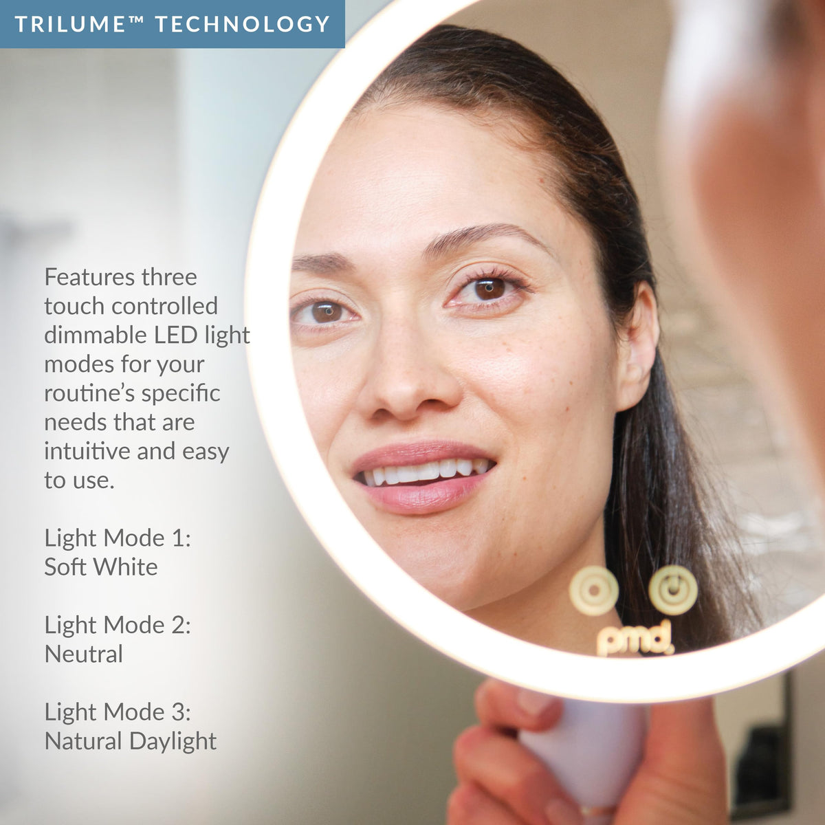 Lavender PMD Beauty LED Makeup Mirror with Lights - TriLume Technology - Handheld Vanity Mirror - Three Modes, 360° Rotation, 5X Magnification, Travel Ready - with Review Serum