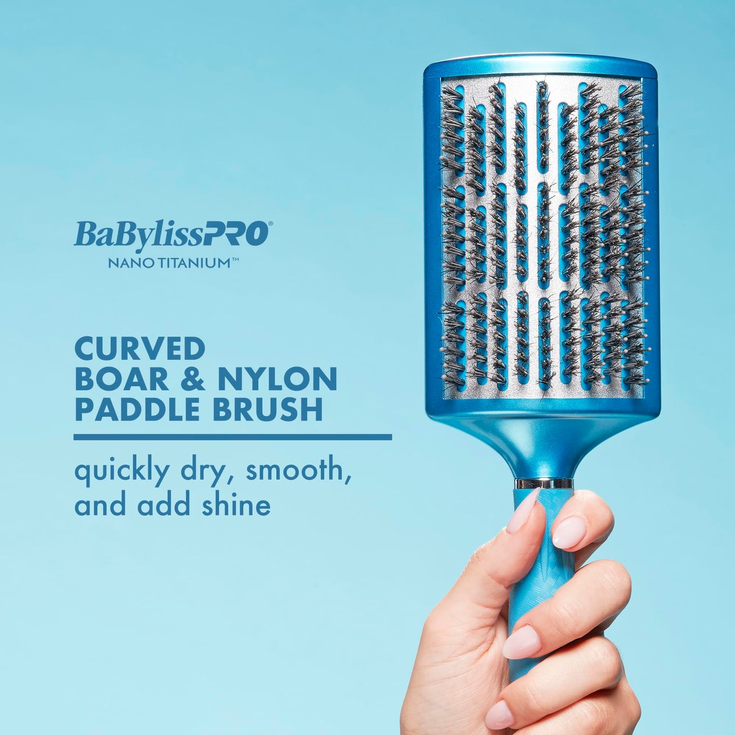 Pale Turquoise BaBylissPRO Nano Titanium Curved Boar & Nylon Paddle Brush, Fast Blow-Dry Styling Brush for Smooth, Shiny Hair, Ideal for All Hair Types