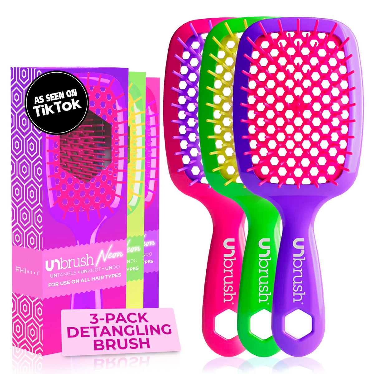 White Smoke FHI Heat UNbrush Detangling Brush (3-Pack Bundle) — Hair Brush for All Wet/Dry Hair Types — Pain-Free Detangler Brush w/DuoFlex Anti Static Bristles — Lightweight Travel Hair Brush (Neon Collection)