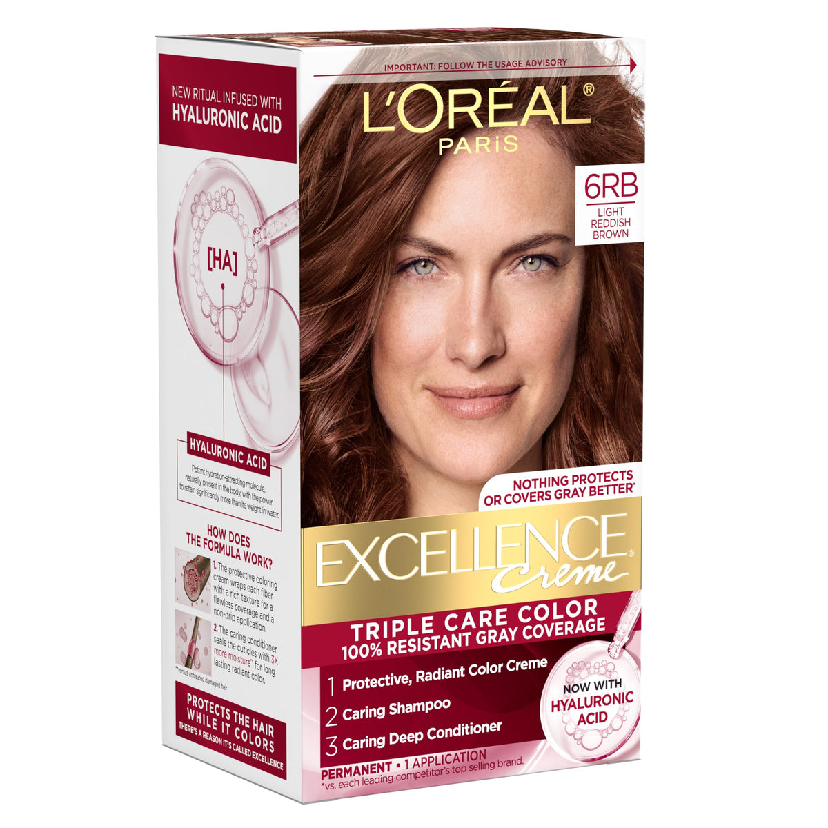 White Smoke L'Oreal Paris Excellence Crème Permanent Hair Dye, Triple Care Hair Color with Hyaluronic Acid for 100% Gray Coverage, 6RB Light Reddish Brown, 1 Kit (Packaging May Vary)