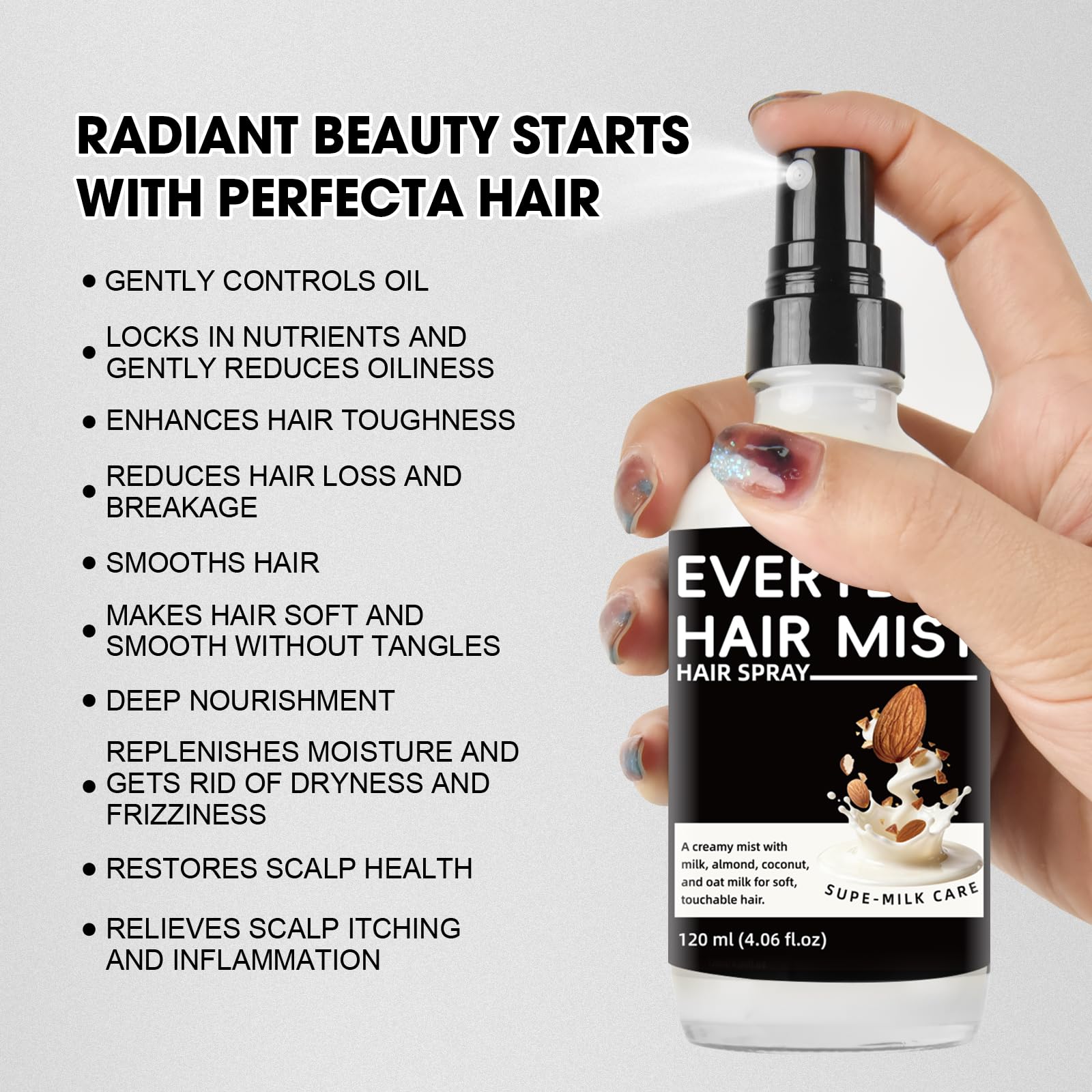 Lavender Super Almond Milk Leave in Conditioner Spray with Collagen – Detangler & Anti Frizz Hair Treatment for Dry Damaged Hair, Helps Reduce Split Ends & Flyaways, Improves Softness & Shine, 4 fl oz (120mL)