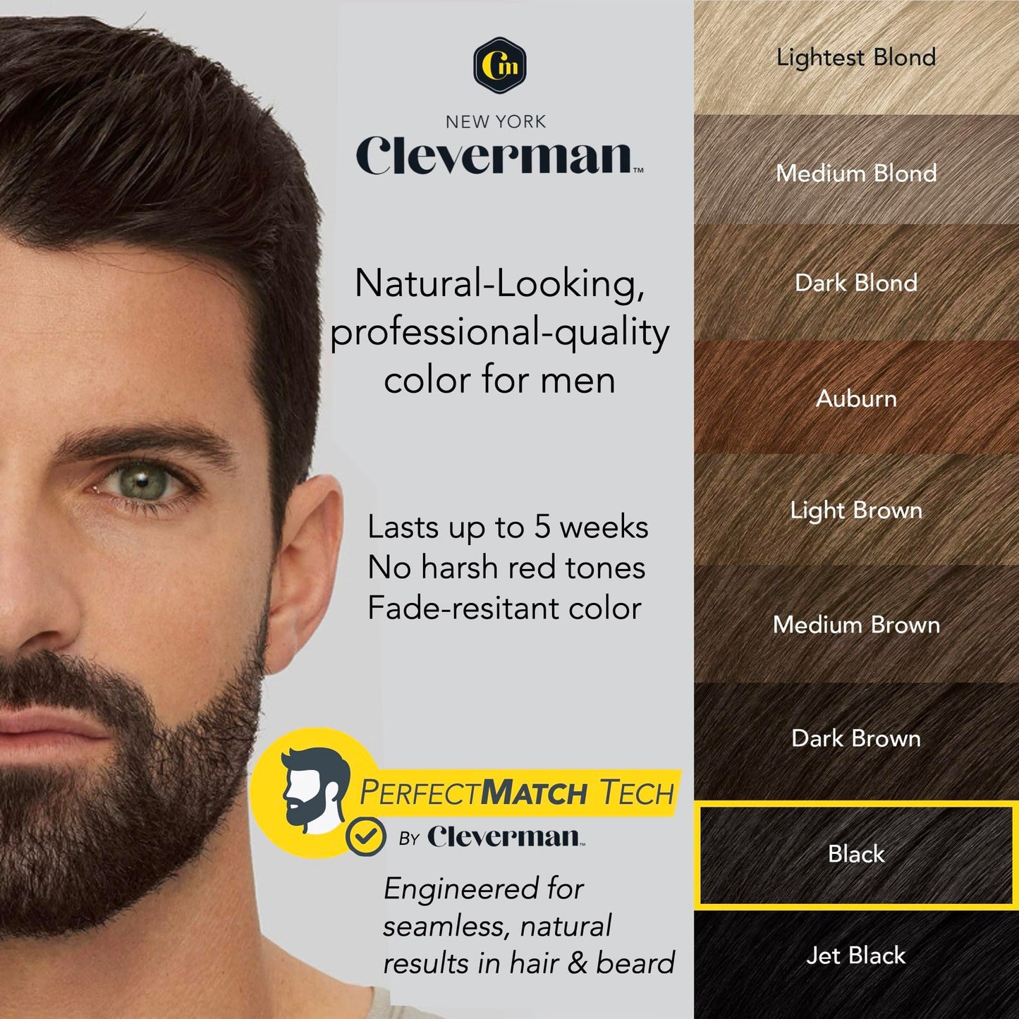 Light Gray 2X Reusable Hair & Beard Dye for Men – Auburn 7.04 | Up to 10 Uses, 7 Minutes | Natural Gray Coverage, No-Drip Cream with SkinArmour® – Cleverman