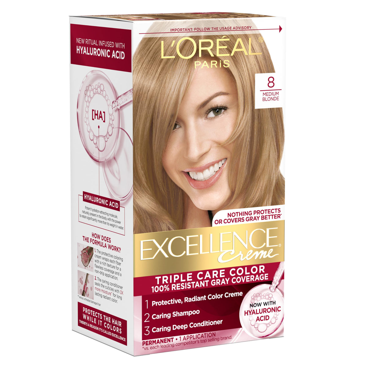 White Smoke L'Oreal Paris Excellence Crème Permanent Hair Dye, Triple Care Hair Color with Hyaluronic Acid for 100% Gray Coverage, 8 Medium Blonde, 1 Kit (Packaging May Vary)
