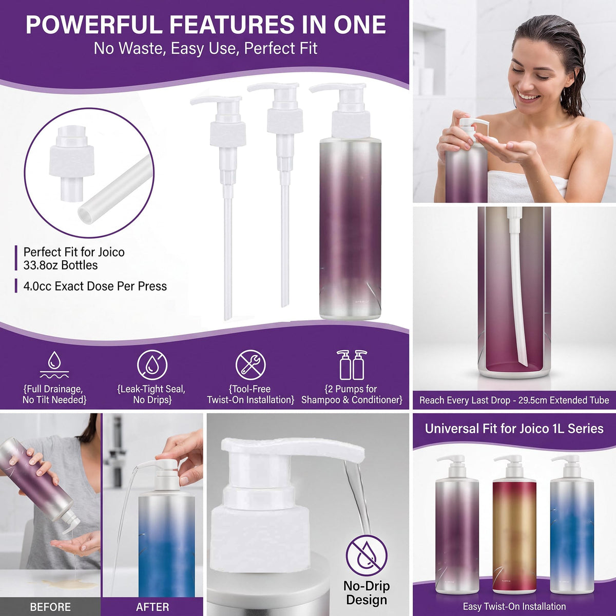 White Smoke 2 Pack Pump Dispenser Compatible with Joico Shampoo and Conditioner 1 L/33.8 Fl Oz Bottle, Liter Pump for Joico Shampoo Purple Clear Twist Lock Dispenser Pump