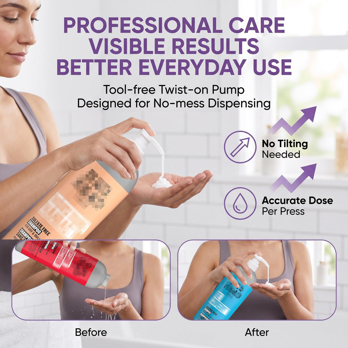 Light Gray Shampoo/Conditioner Pump Compatible with TIGI Bed Head 25.36 Fl Oz Bottles, Dispenser Liter Pump for Bed Head Shampoo and Conditioner, 2-Pack