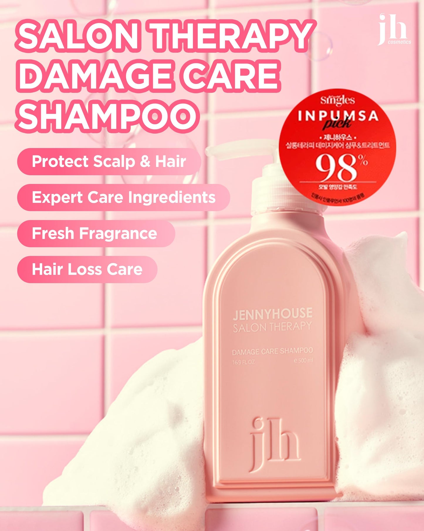 Misty Rose JENNYHOUSE Salon Therapy Damage Care Shampoo - Korean Beauty Hair Strengthening Nourishing with Collagen, Panthenol - Floral Scent - Healthy Scalp & Hair Care, 16.9 fl.oz