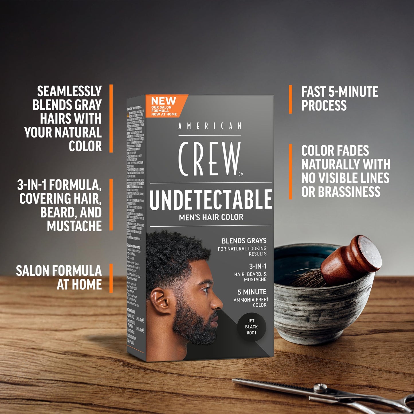 Dim Gray American Crew Undetectable Men's Hair Color | Black Demi-Permanent Hair Dye | Natural-Looking Gray Coverage for Men, 001 Black, 1 pack