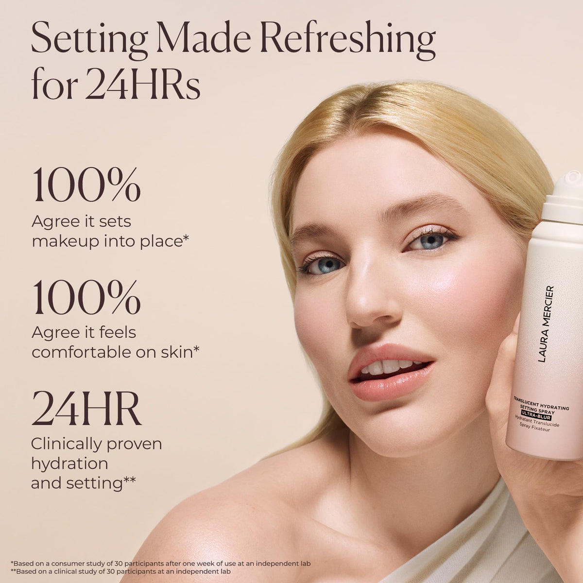 Light Gray Laura Mercier Translucent Hydrating Setting Spray Ultra-Blur, Micro-Fine Blurring Face Mist, 24HR Shine Control, Natural Finish, Smudge & Transfer-Proof, Infused with Hyaluronic Acid + Niacinamide