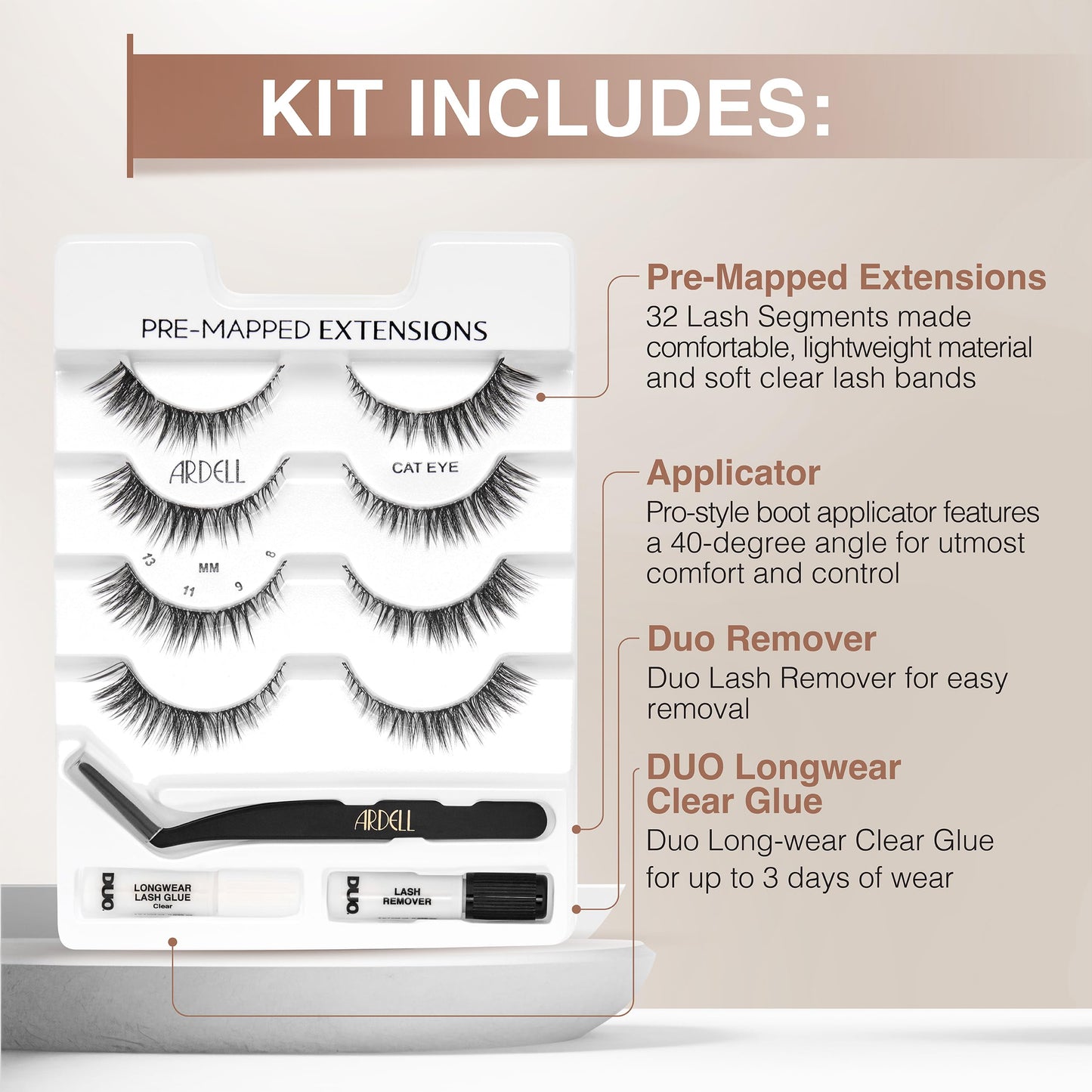 White Smoke Ardell Pre-Mapped Eyelash Extensions Kit - False Lashes Cat Eye, Reusable Segmented Lash Strips, Long-Lasting with Lash Glue and Remover, 4-Pack