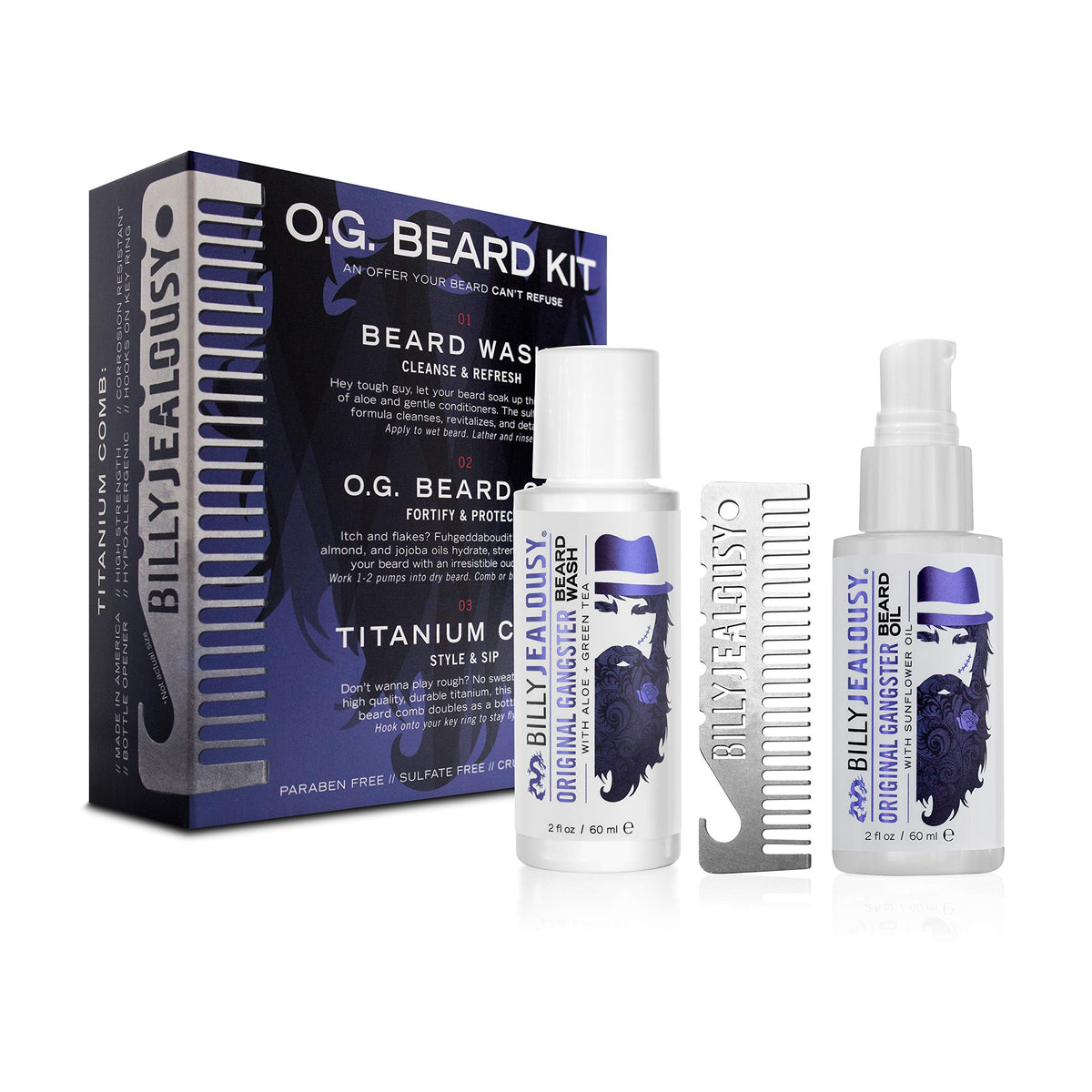 White Smoke Billy Jealousy Original Gangster Beard Kit with Trave Size Beard Wash, Oil and Titanium Keychain Comb to Cleanse, Stengthen & Soften Facial Hair, Oud Wood Scent