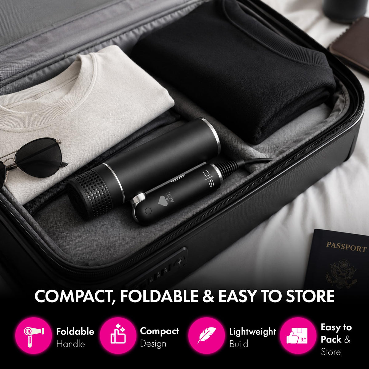 Black StyleCraft Ace Foldable Hair Dryer with 1600W Motor, Travel-Friendly Design