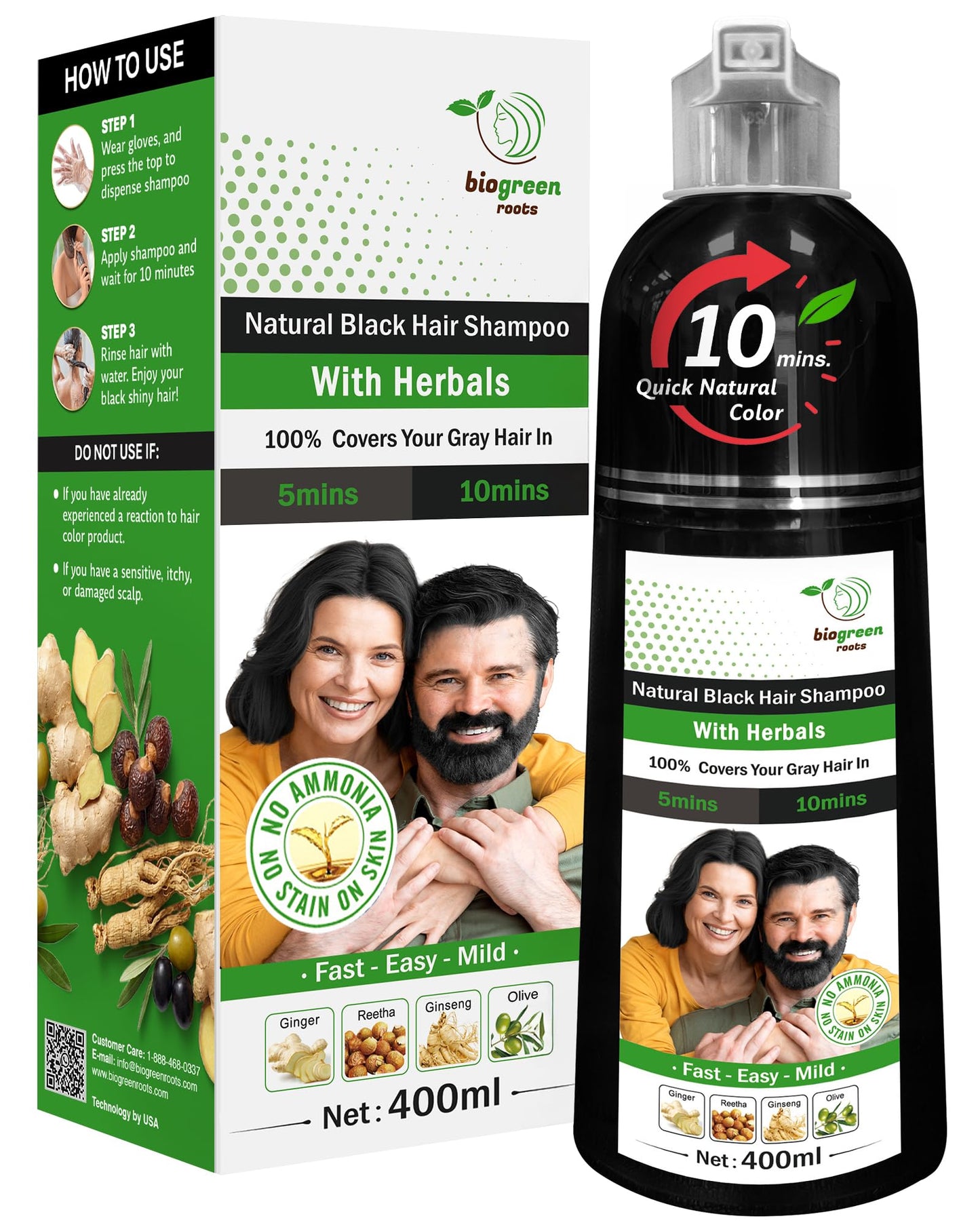 White Smoke BIOGREEN ROOTS Ammonia-Free & Paraben Free Herbal Hair Shampoo - Hair Dye Shampoo for Women & Men - Natural Color & Herbal Nourishment - No Stain on Skin - Natural Black (400 ml)