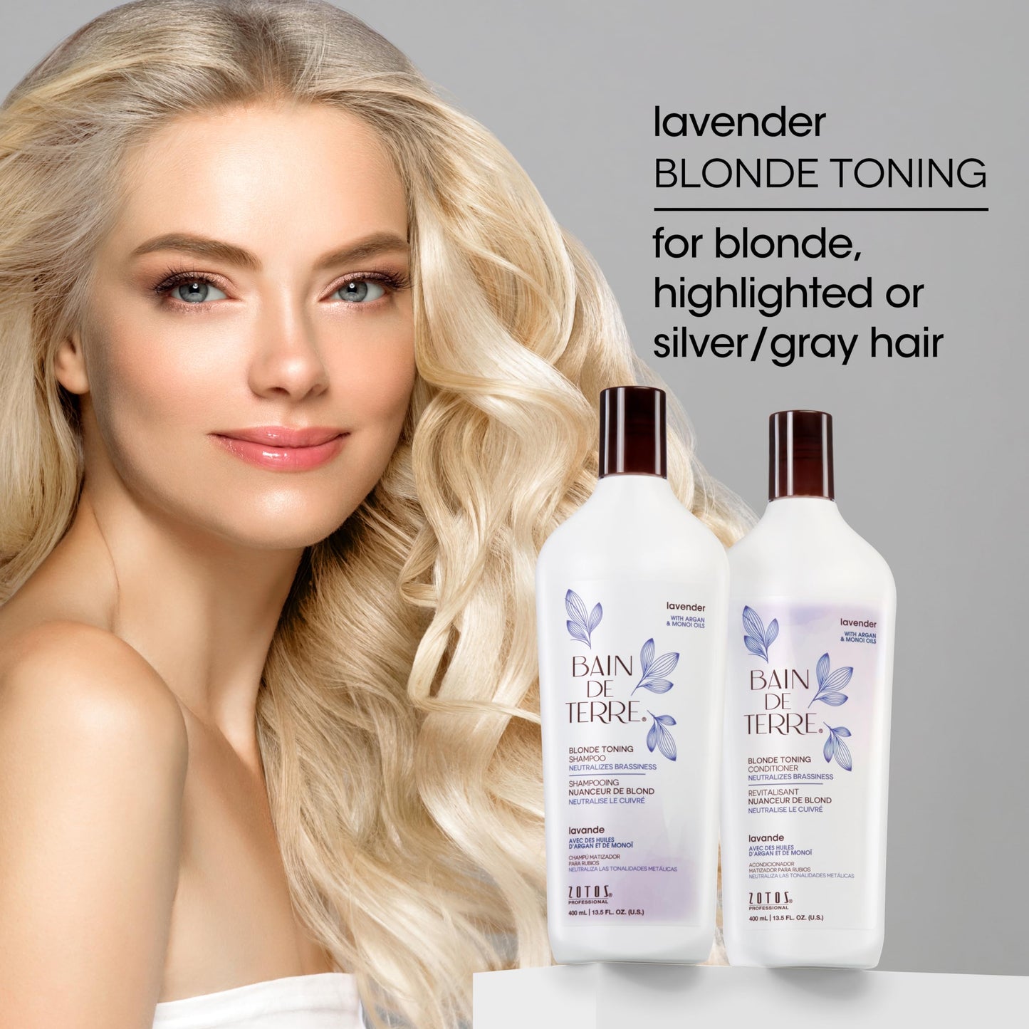 Gray Bain de Terre Lavender Blonde Toning Conditioner, Neutralize Brassy Tones for Cool Blonde, Highlighted or Gray Hair, with Argan & Monoi Oils, Paraben-Free, Vegan,13.5 Fl Oz