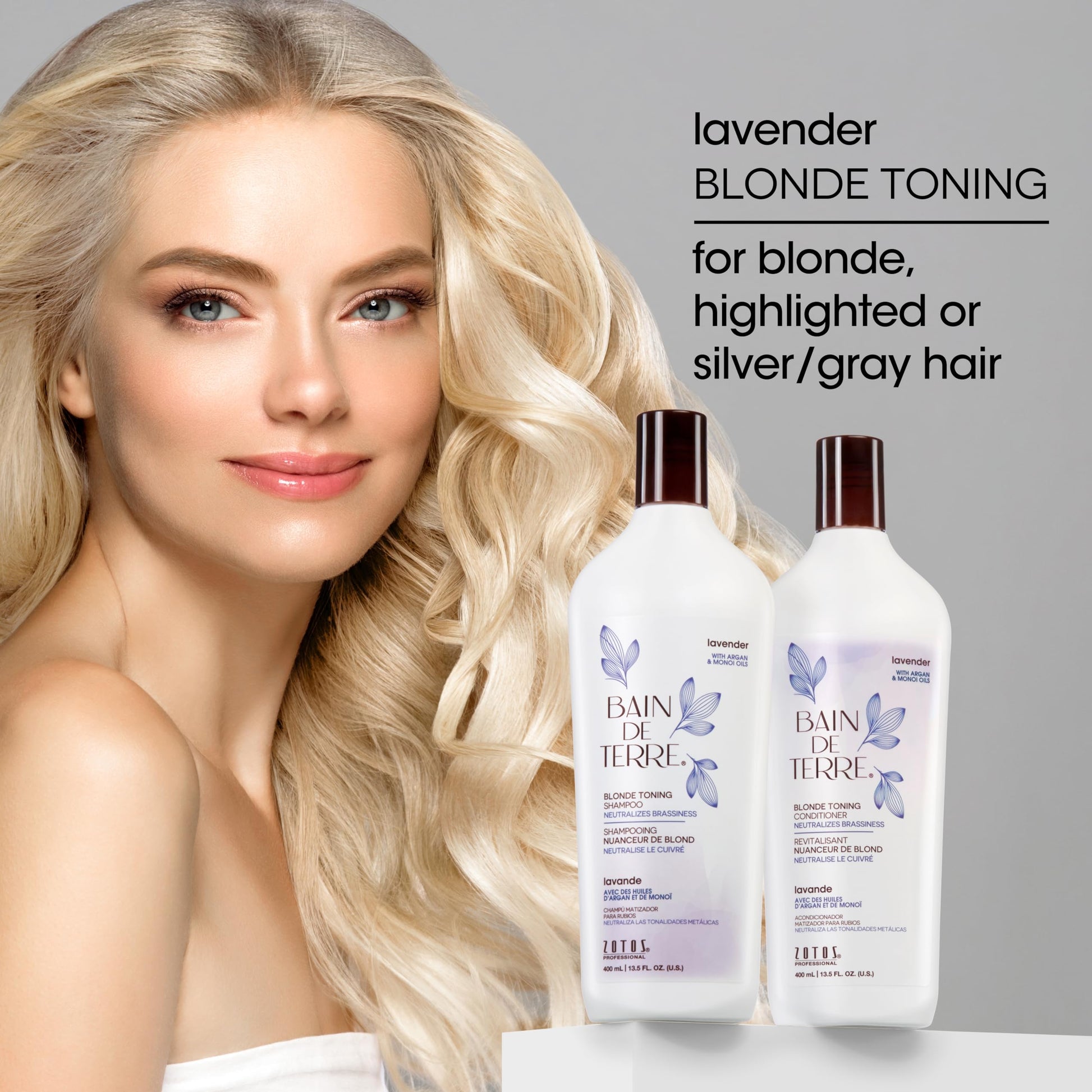 Gray Bain de Terre Lavender Blonde Toning Conditioner, Neutralize Brassy Tones for Cool Blonde, Highlighted or Gray Hair, with Argan & Monoi Oils, Paraben-Free, Vegan,13.5 Fl Oz