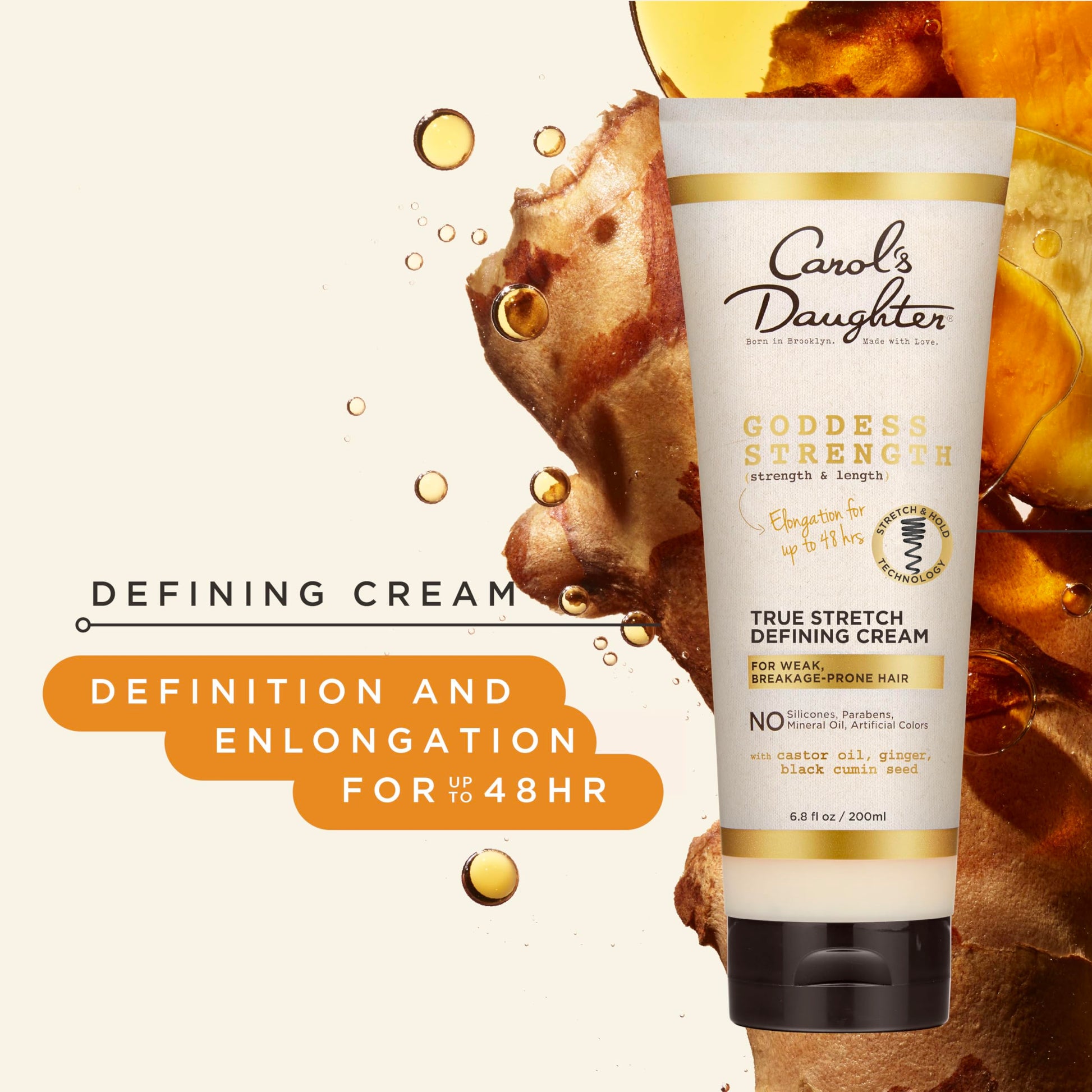 Seashell Carol's Daughter Goddess Strength True Stretch Defining Hair Cream For Waves, Coils and Curls, Curl Defining Cream with Castor Oil, 6.8 Fl Oz