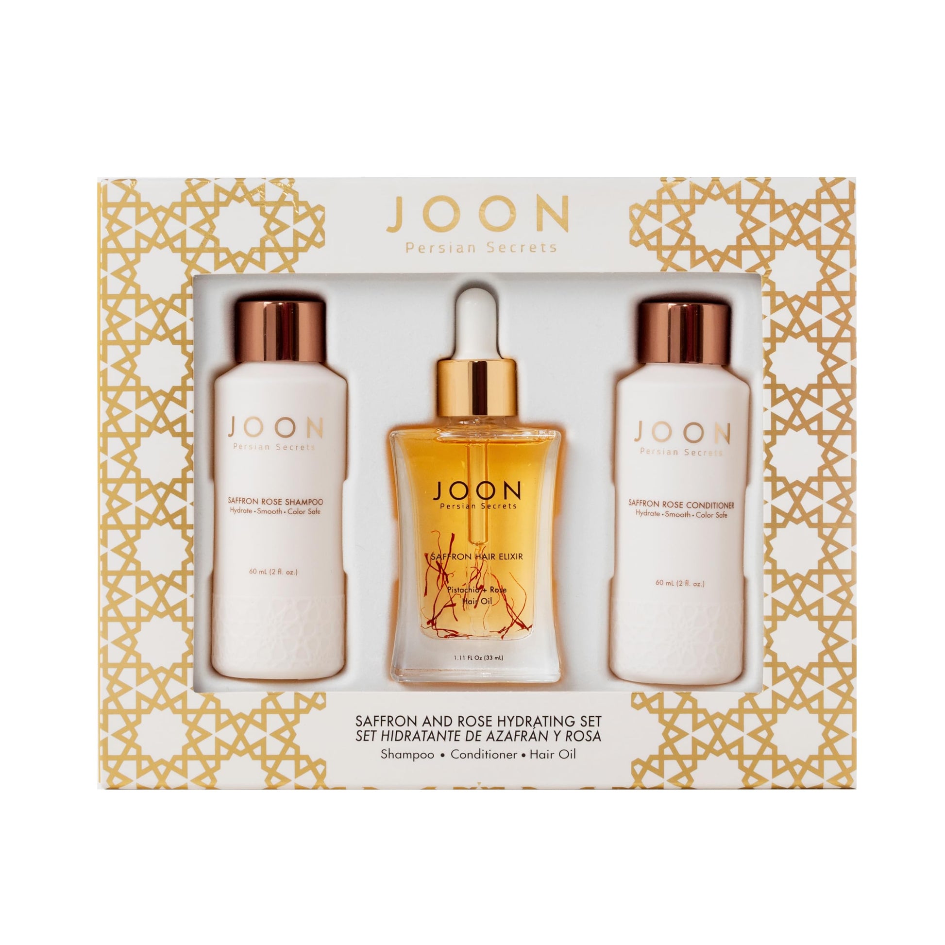 Tan Joon Moisturizing Travel Size Gift Set | Saffron Hair Elixir (1.11 fl oz), Saffron Rose Shampoo (2 fl oz) and Conditioner (2 fl oz)