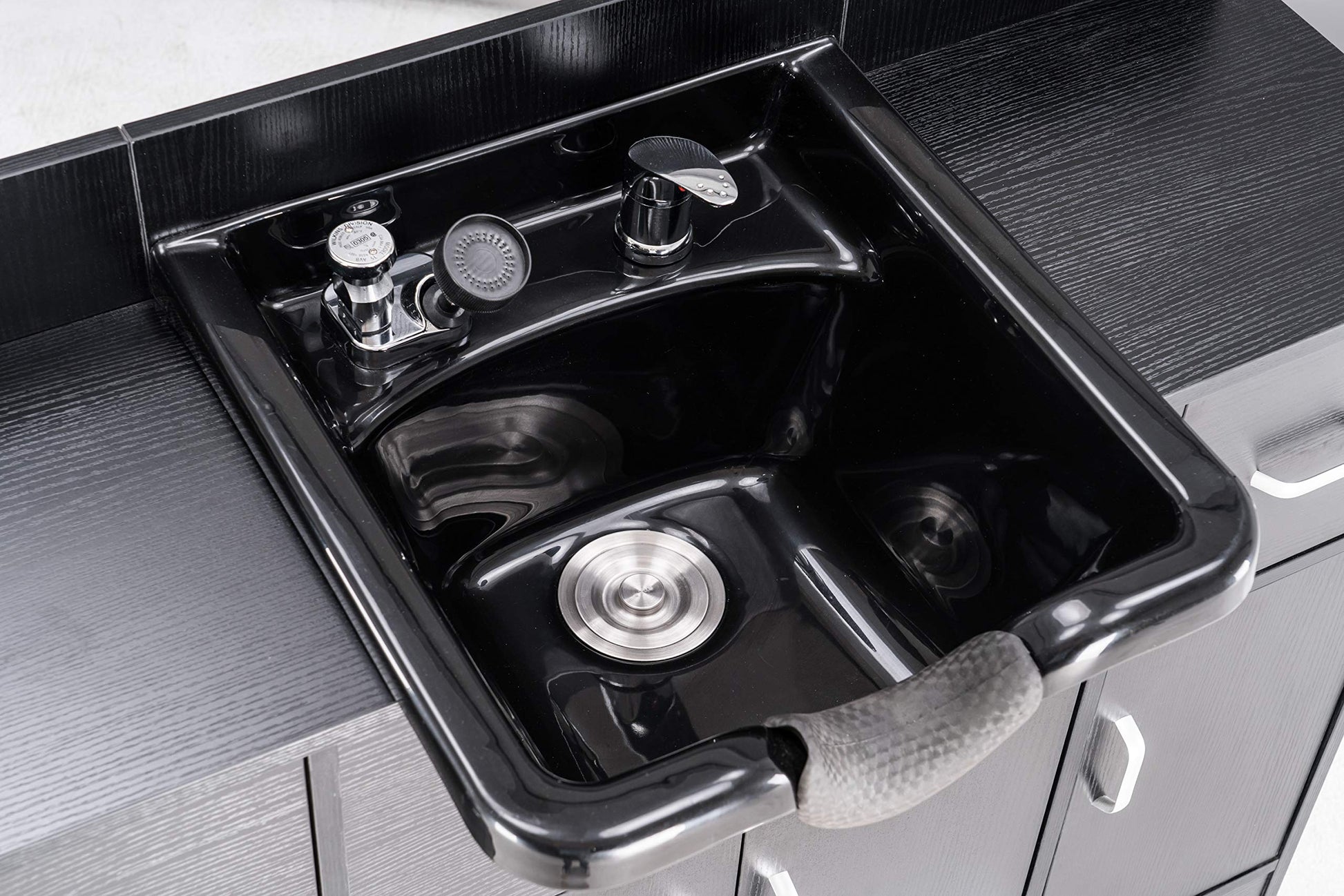 Black BarberPub Multi-Functional Shampoo Backwash Sink Station with Shampoo Bowl for Hair Stylist, Salon Spa Beauty Cabinet with Faucet Sprayer, Barber Storage Equipment 45.3" x 14.1'' x 36.4" 7139