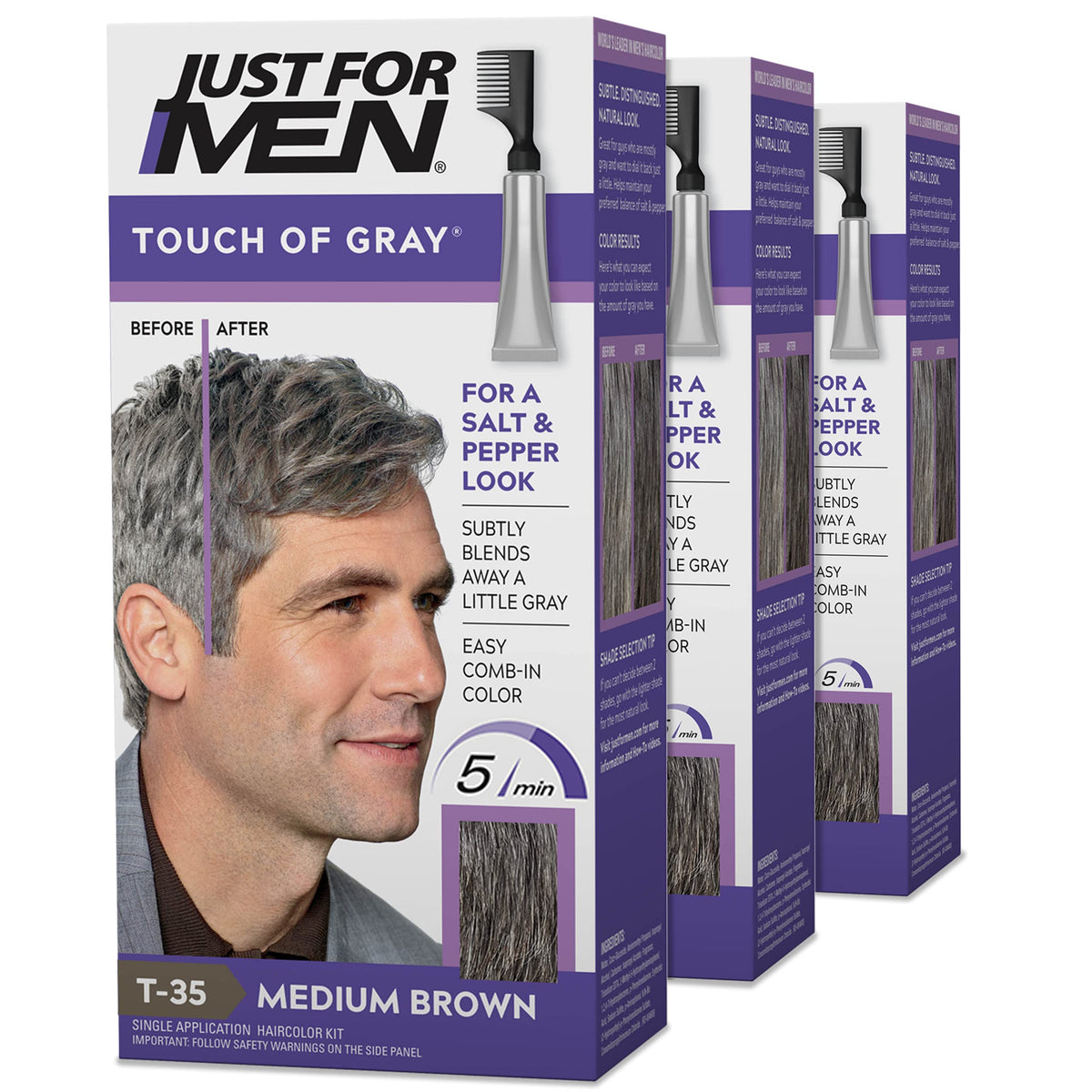 White Smoke JUST FOR MEN Touch of Gray, Salt & Pepper Look, Medium Brown T-35 (3 Pack)