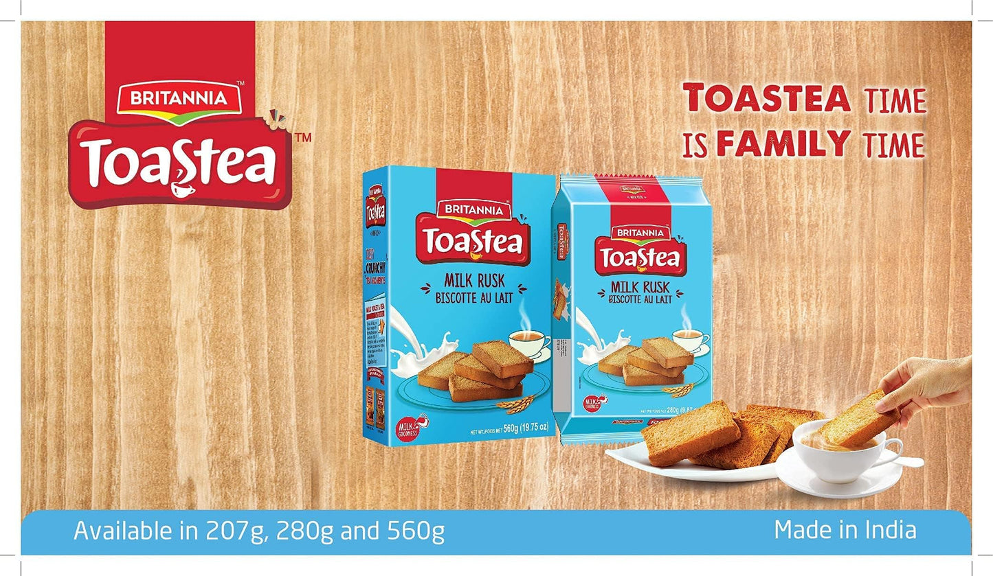 Tan BRITANNIA Toastea Milk Rusk 9.87oz (280g) - Biscotte Au Lait - Crispy, Crunchy Tea Moments - Breakfast & Tea Time Snacks (Pack of 12)
