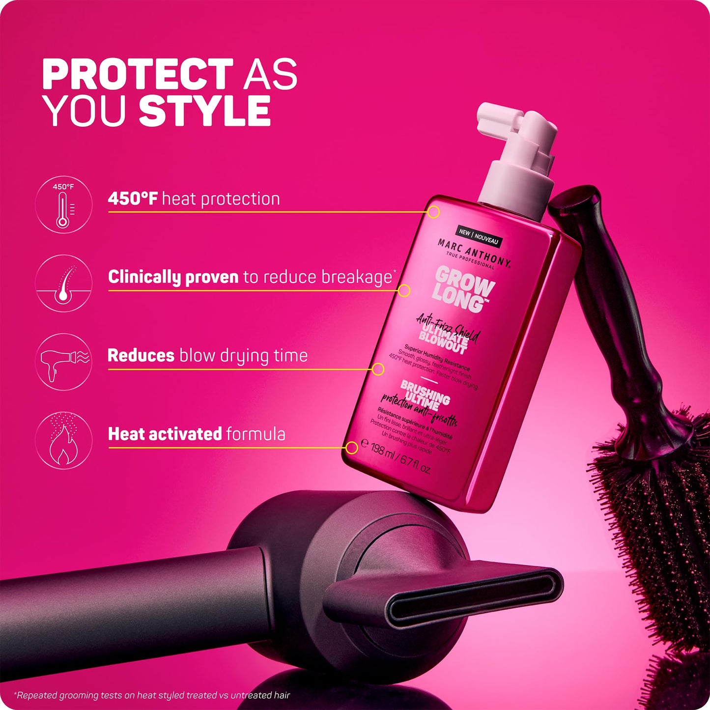 Medium Violet Red Marc Anthony Anti-Frizz Shield Ultimate Blowout Spray, Grow Long - Smooth, Shiny Hair in High Humidity - Heat Protectant - 6.7 oz