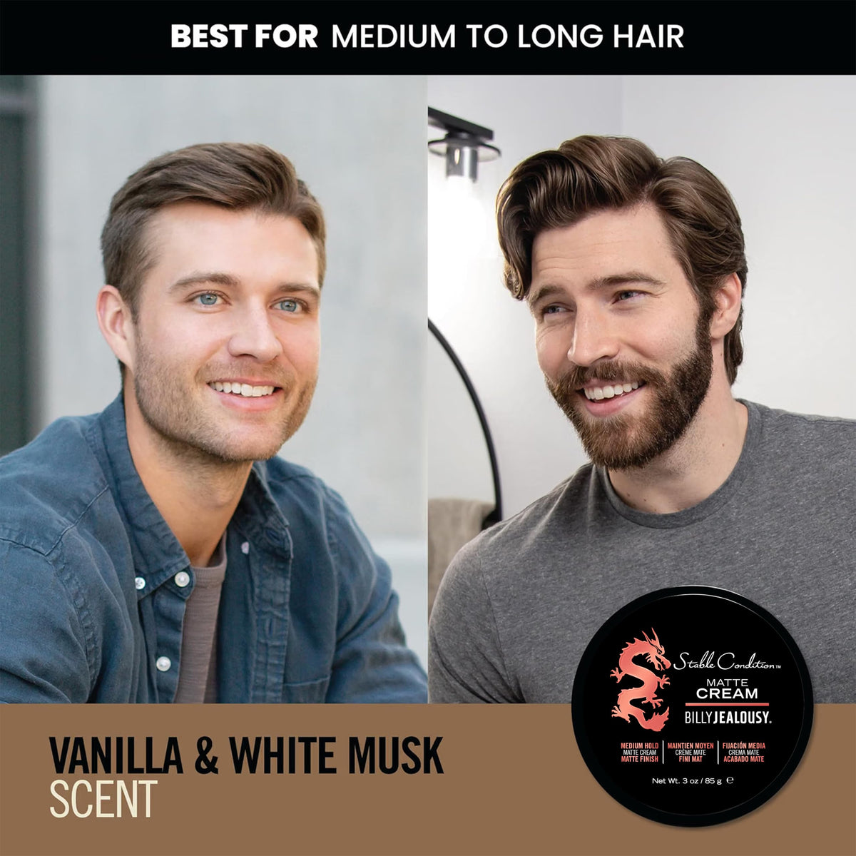 Gray Billy Jealousy Stable Condition Matte Cream for Men with Natural Hold and Matte Finish, Reworkable, Lightweight, Water Based Hair Styling Product, Vanilla & White Musk Scent, 3 Oz.