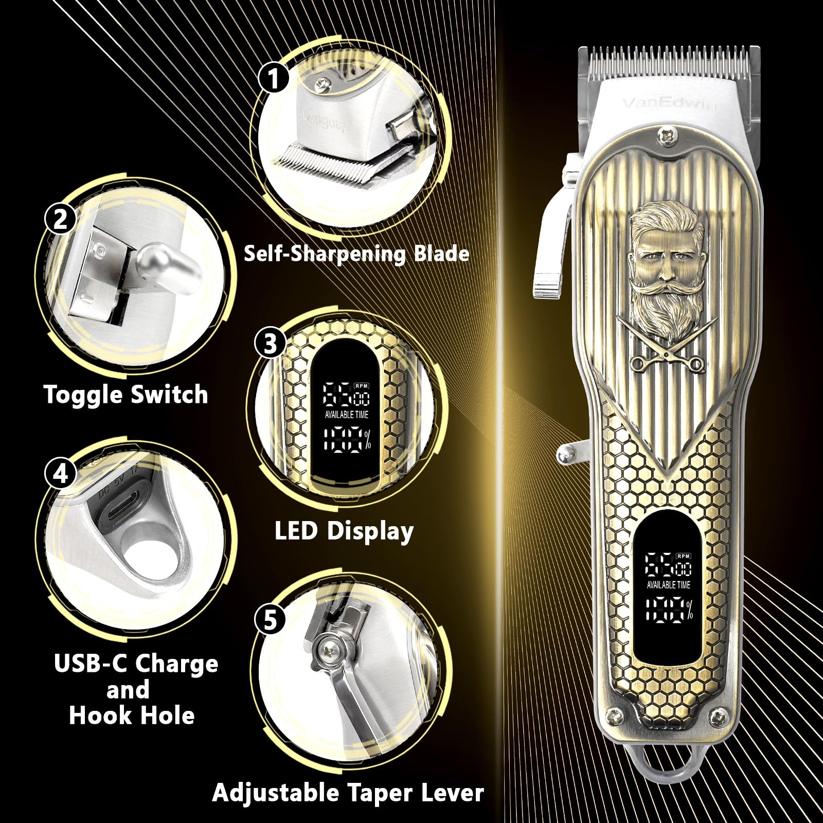 Black VanedwinPRO Professional Hair Clippers for Men, Professional Barber Clippers and Trimmer, Rechargable Cordless Clippers for Hair Cutting with Ultra High Cutting Performance, Electric Fade Haircut Kit