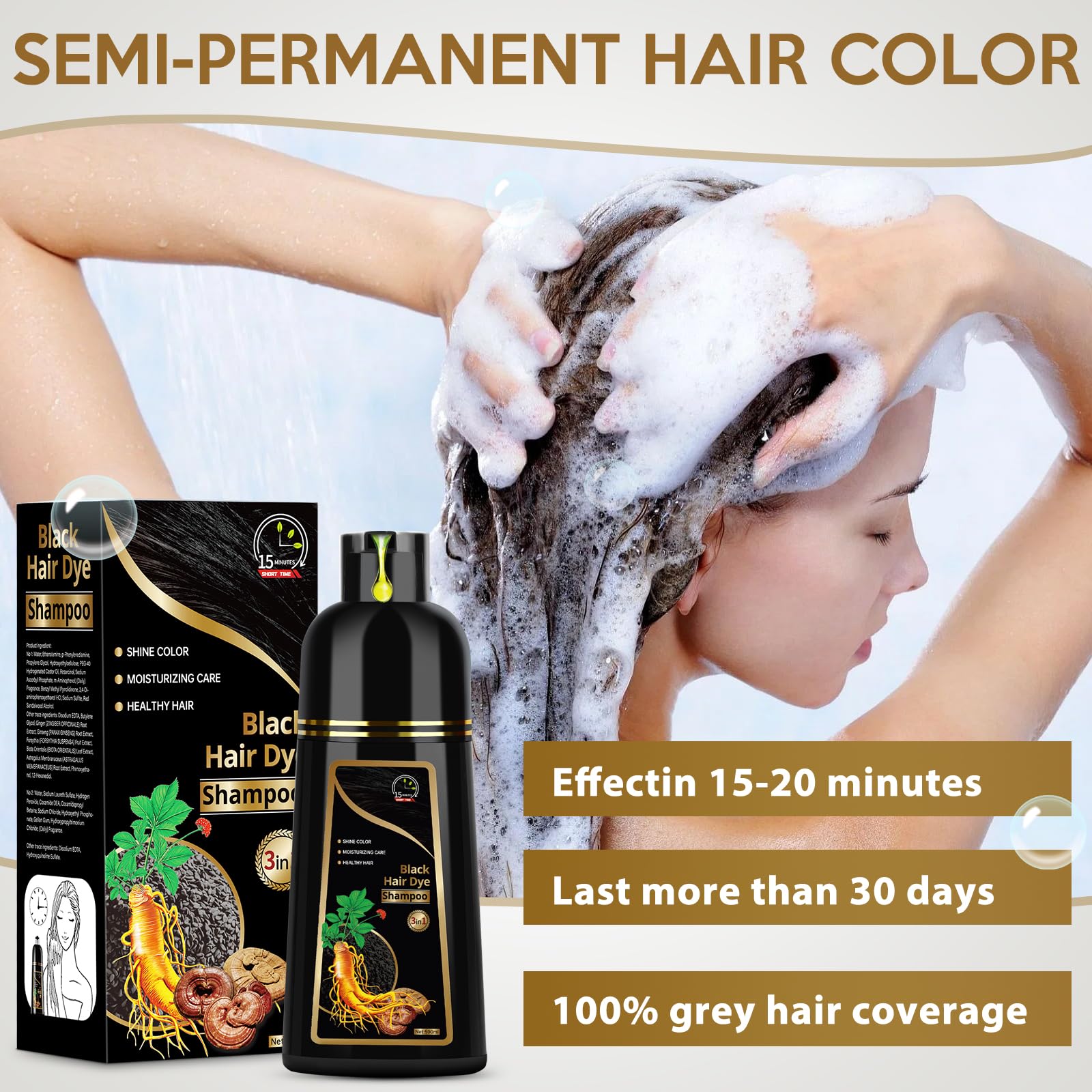 Lavender Hair Dye Shampoo for Gray Hair, 3 in 1 Herbal Dye for Women Men, Hair Color Shampoo 500ml (Black)