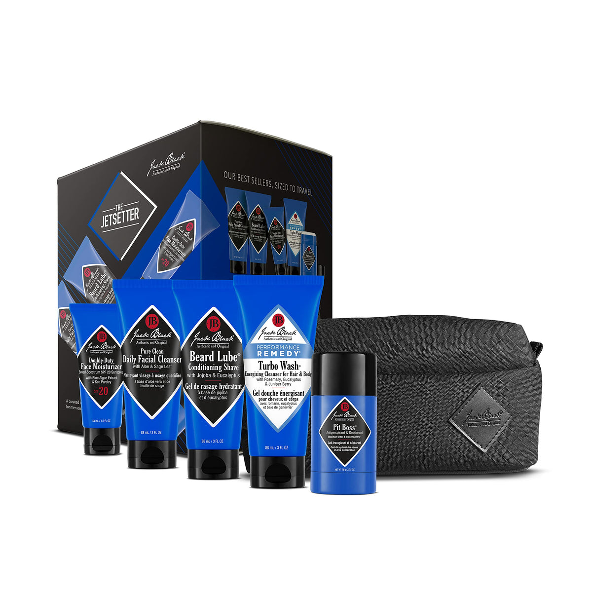 White Smoke Jack Black Jetsetter Travel Size Skin Care Set for Men with Luxe Travel Bag