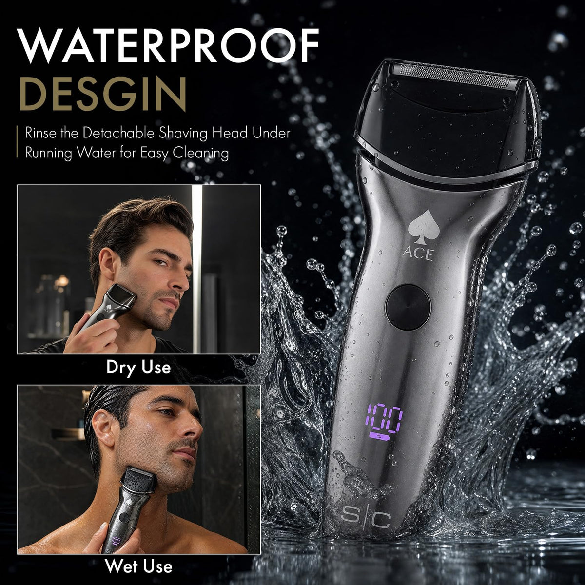 Black StyleCraft Ace Mens Electric Cordless Wet/Dry Shaver with Precision Foil Shaver, Triple Shave System with LCD Display, Smart Contour