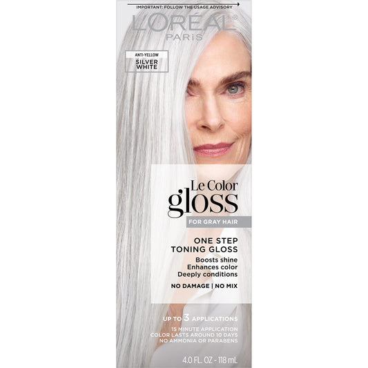 Gray L’Oreal Paris Le Color Gloss One Step Toning Gloss, In-Shower Hair Toner with Deep Conditioning Treatment Formula for Gray Hair, Silver White, 1 Kit