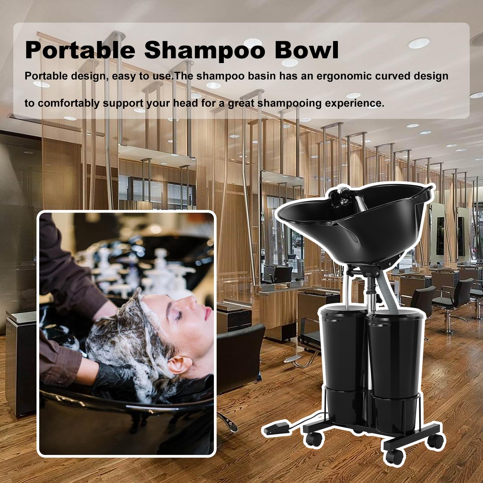 Black Portable Shampoo Bowl Unit Height Adjustable with 2 Bucket Hair Washing Station with Electric Pump and Drain Hoses, 270 Degree Rotation of Shampoo Basin Barber and Stylist Hair Salon Accessories