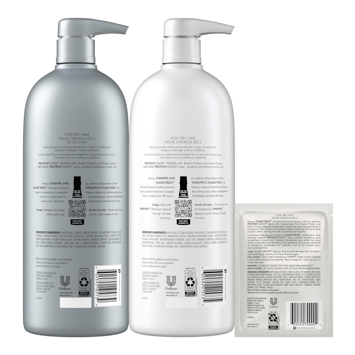 White Smoke Nexxus Shampoo and Conditioner and 3 Hair Treatment Masks Therappe Humectress 5 Pack for Dry Hair Silicone-Free, Moisturizing Caviar Complex and Elastin Protein 33.8 oz & 1.5 oz