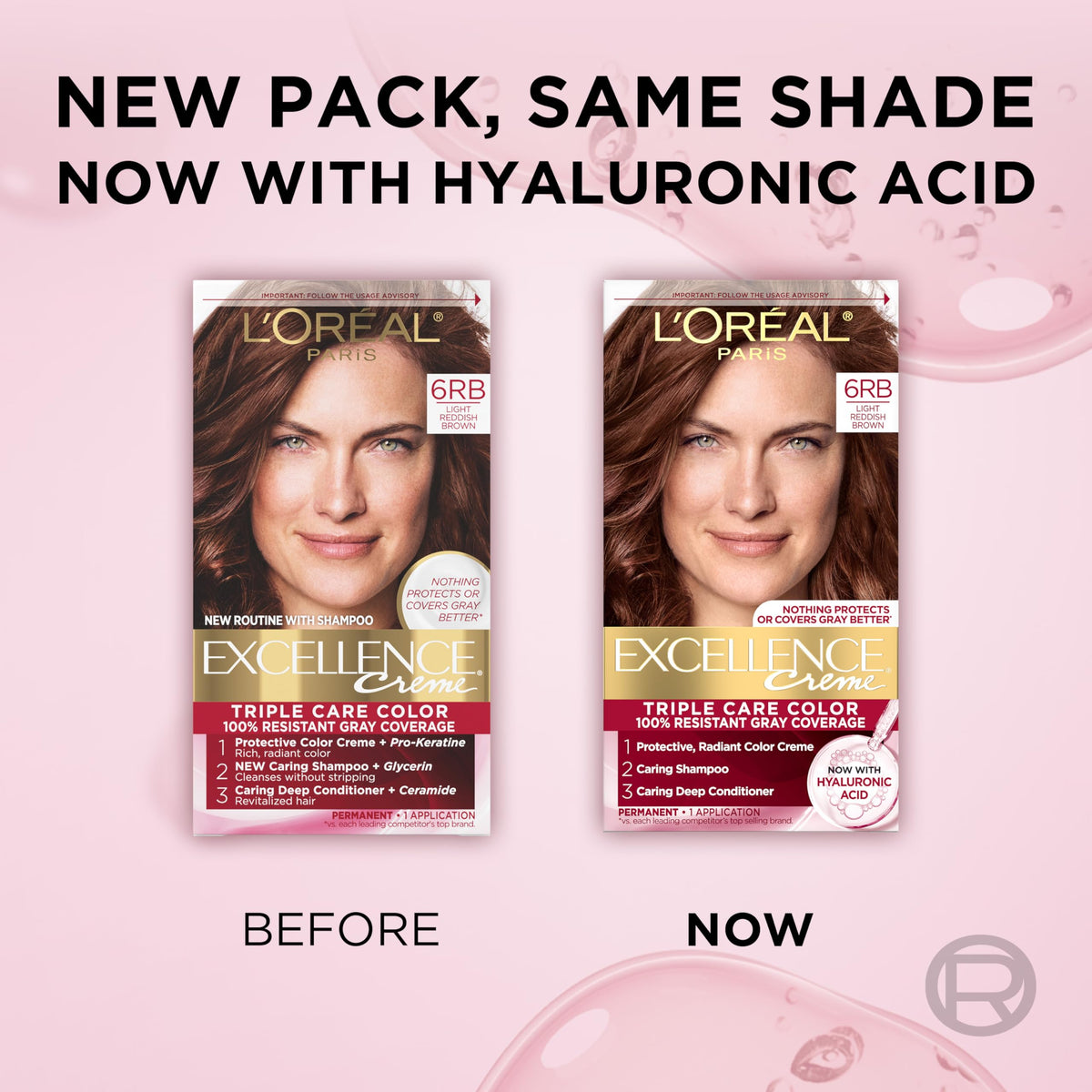 Misty Rose L'Oreal Paris Excellence Crème Permanent Hair Dye, Triple Care Hair Color with Hyaluronic Acid for 100% Gray Coverage, 6RB Light Reddish Brown, 1 Kit (Packaging May Vary)