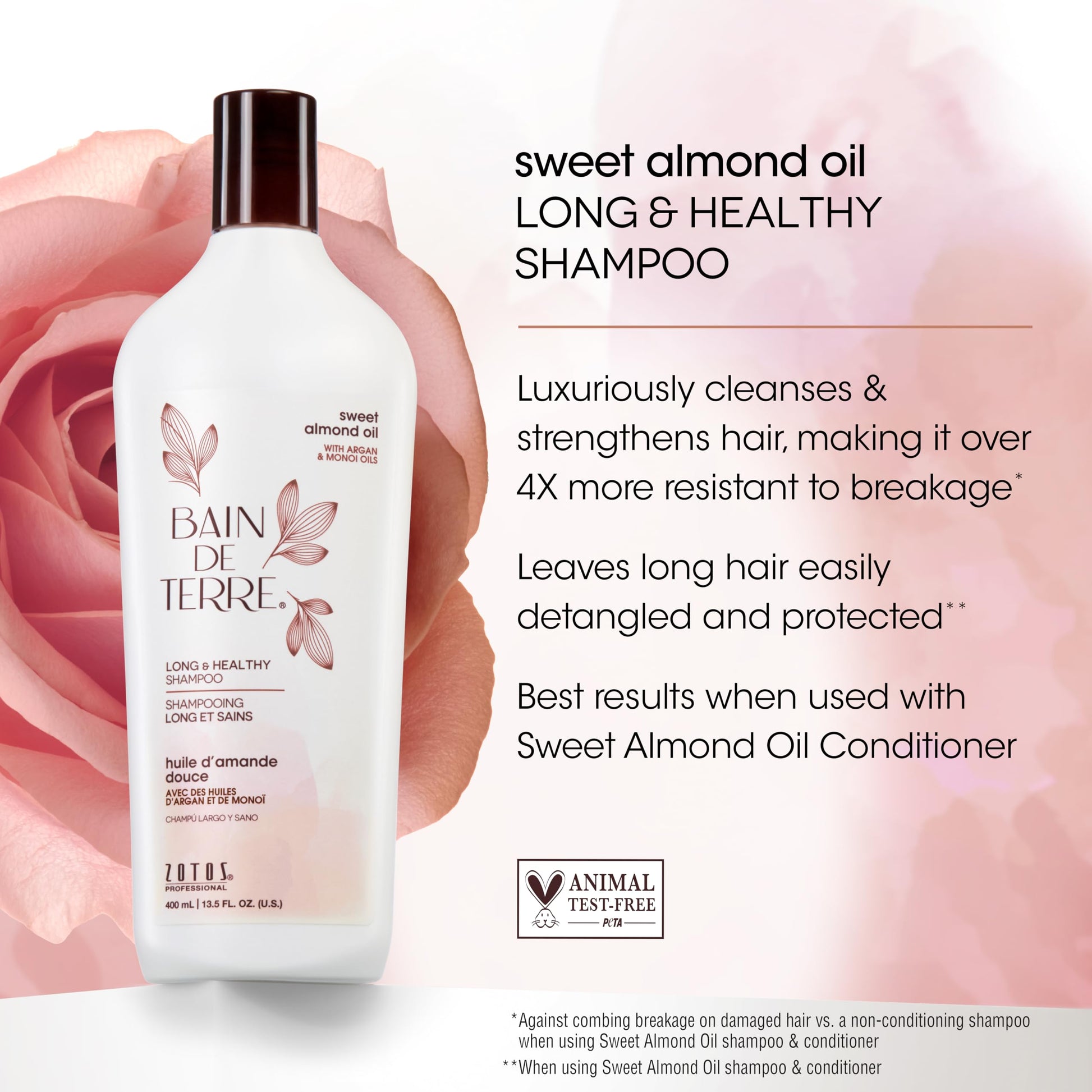 White Smoke Bain de Terre Sweet Almond Oil Long & Healthy Shampoo, Strength & Protection for Weak, Damaged Hair, with Argan & Monoi Oils, Paraben-Free, Color-Safe, Vegan, 13.5 Fl Oz
