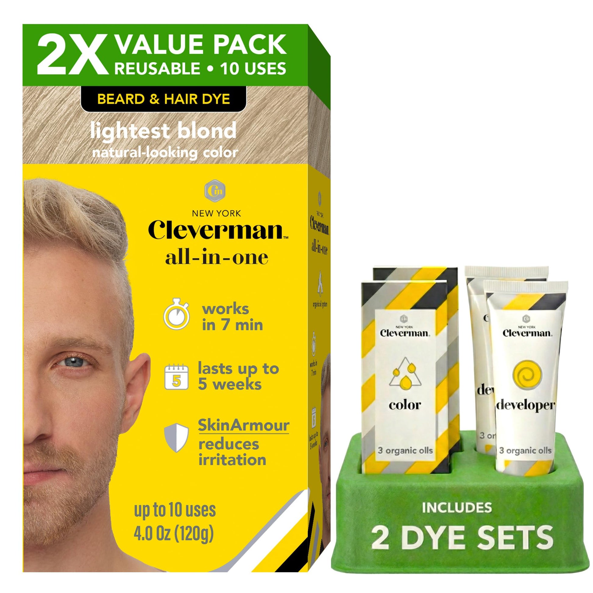 White Smoke Reusable Hair & Beard Dye for Men – Lightest Blond | Up to 5 Uses, 7 Minutes | Natural Gray Coverage, No-Drip Cream with SkinArmour® – Cleverman