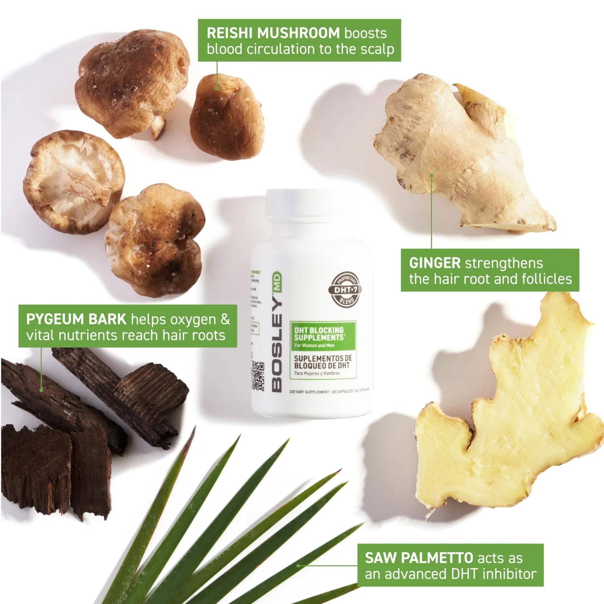 White Smoke BosleyMD Men & Women DHT Blocking Hair Supplement, Thicker Fuller Hair with DHT·7 Blend, Saw Palmetto, Reishi Mushroom, Green Tea Extract, Nettle Leaf, Dandelion Root & Pygeum Bark, 60 Capsules