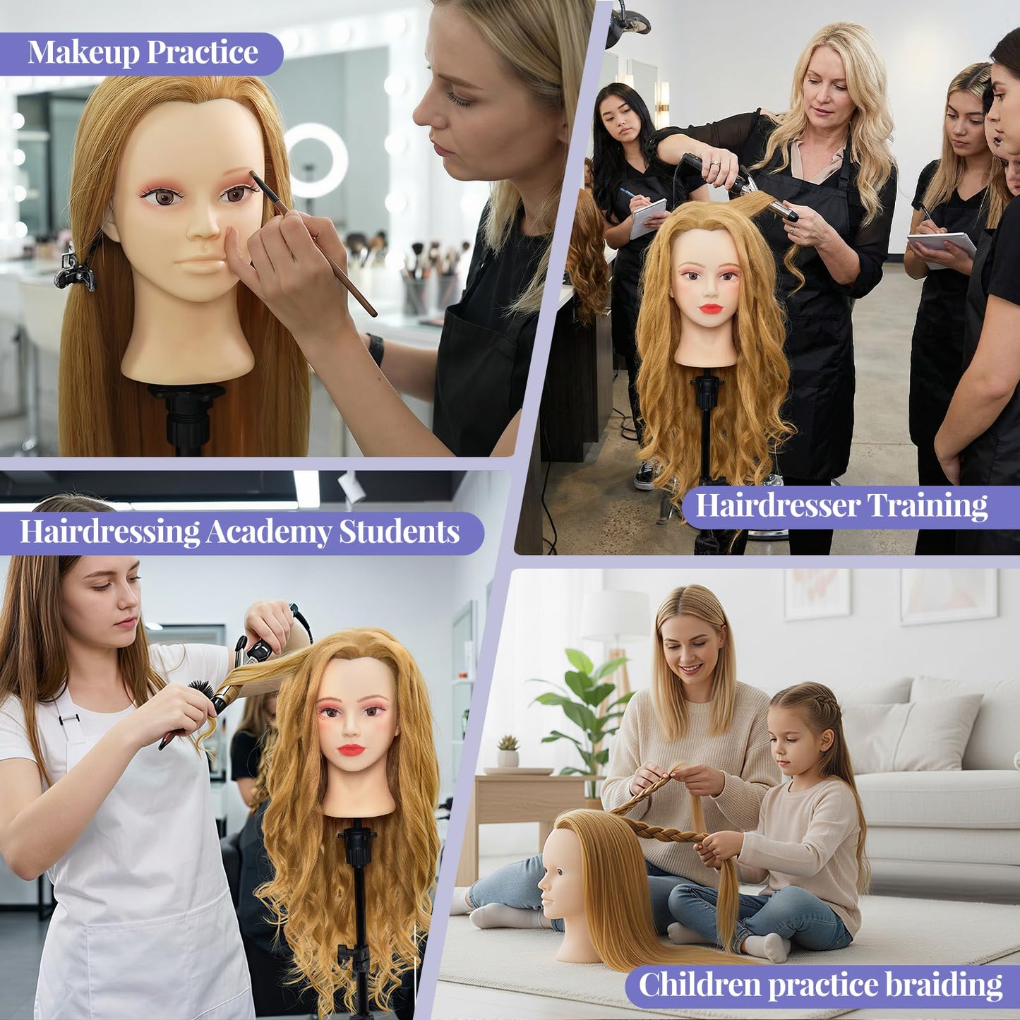 Light Gray Mannequin Head with 90% Real Human Hair - 28 Inch Makeup Cosmetology Manikin Doll Head for Hair Styling, Training Practice Braiding Mannequin Head with False Eyelashes Hair Styling Set